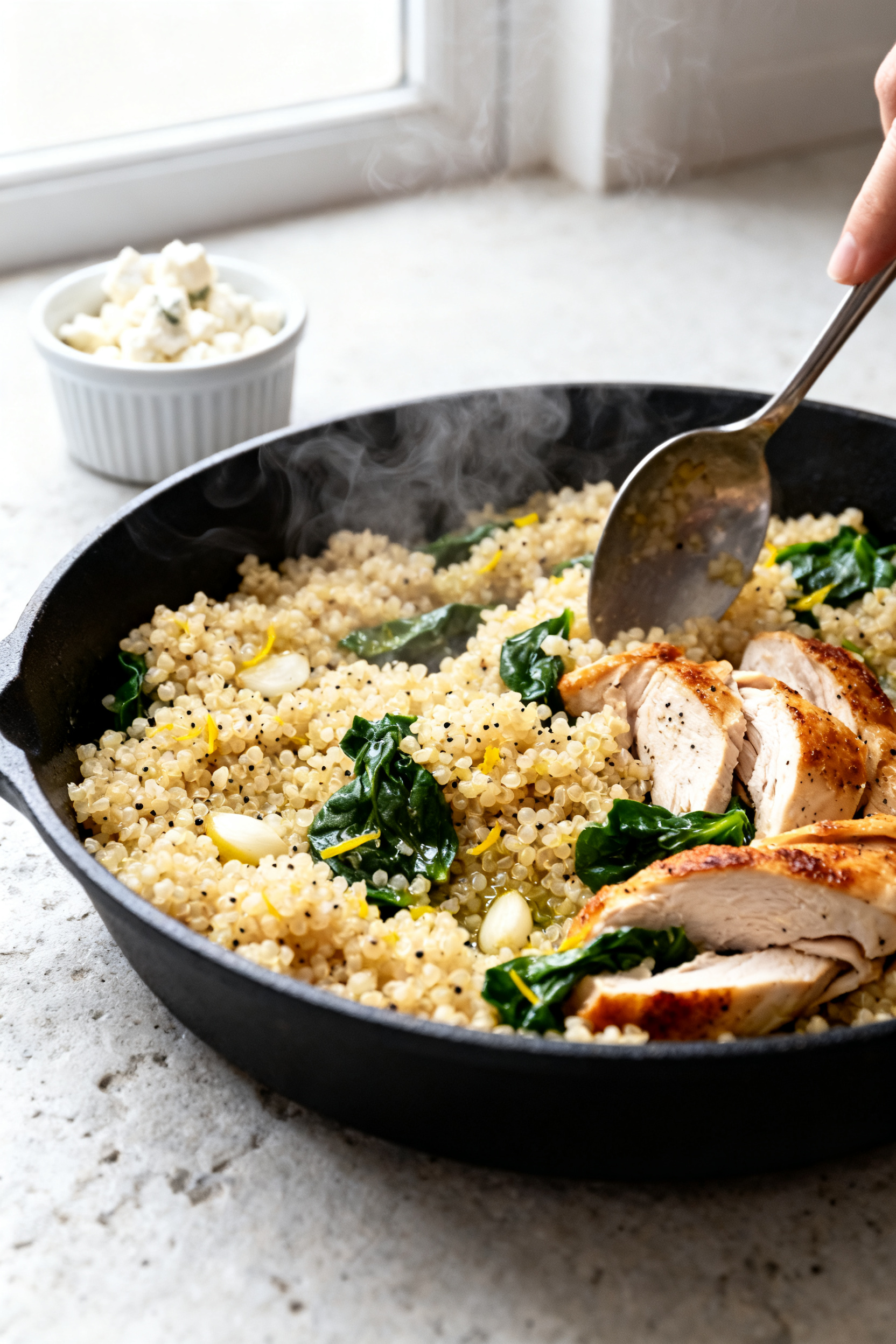 Leftover Rotisserie Chicken Lunch So Good They'll Think You Cooked – Quick, Fresh, and Flavor-Packed Cooking process close-up: Warm grain skillet with fluffy quinoa being sautéed in olive oil and minc
