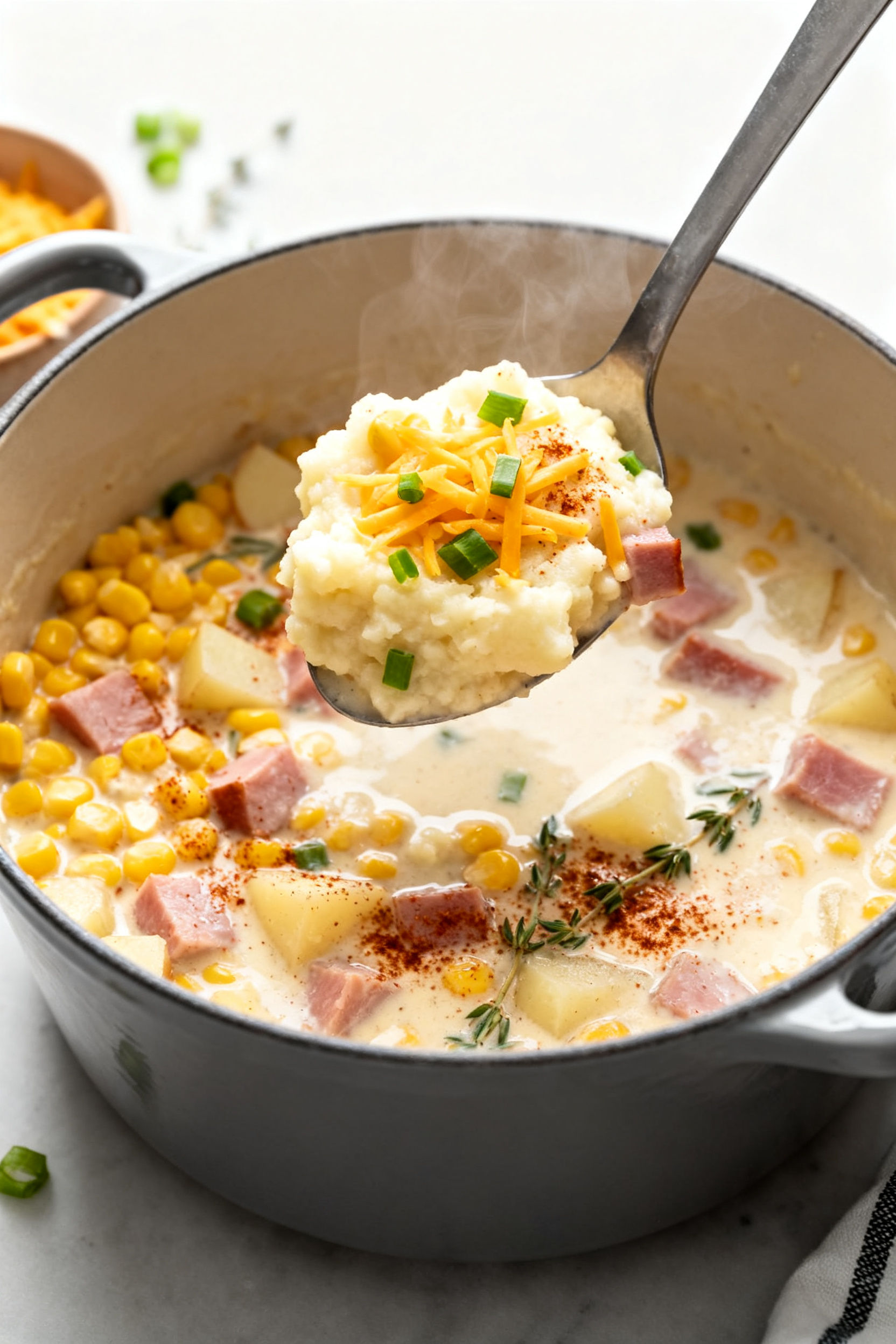 Why Is Every Family Making These Leftover Ham Recipes? - Easy, Comforting Ways to Use Extra Ham Cooking process: Cozy ham and corn chowder simmering in a matte enamel pot, overhead shot capturing