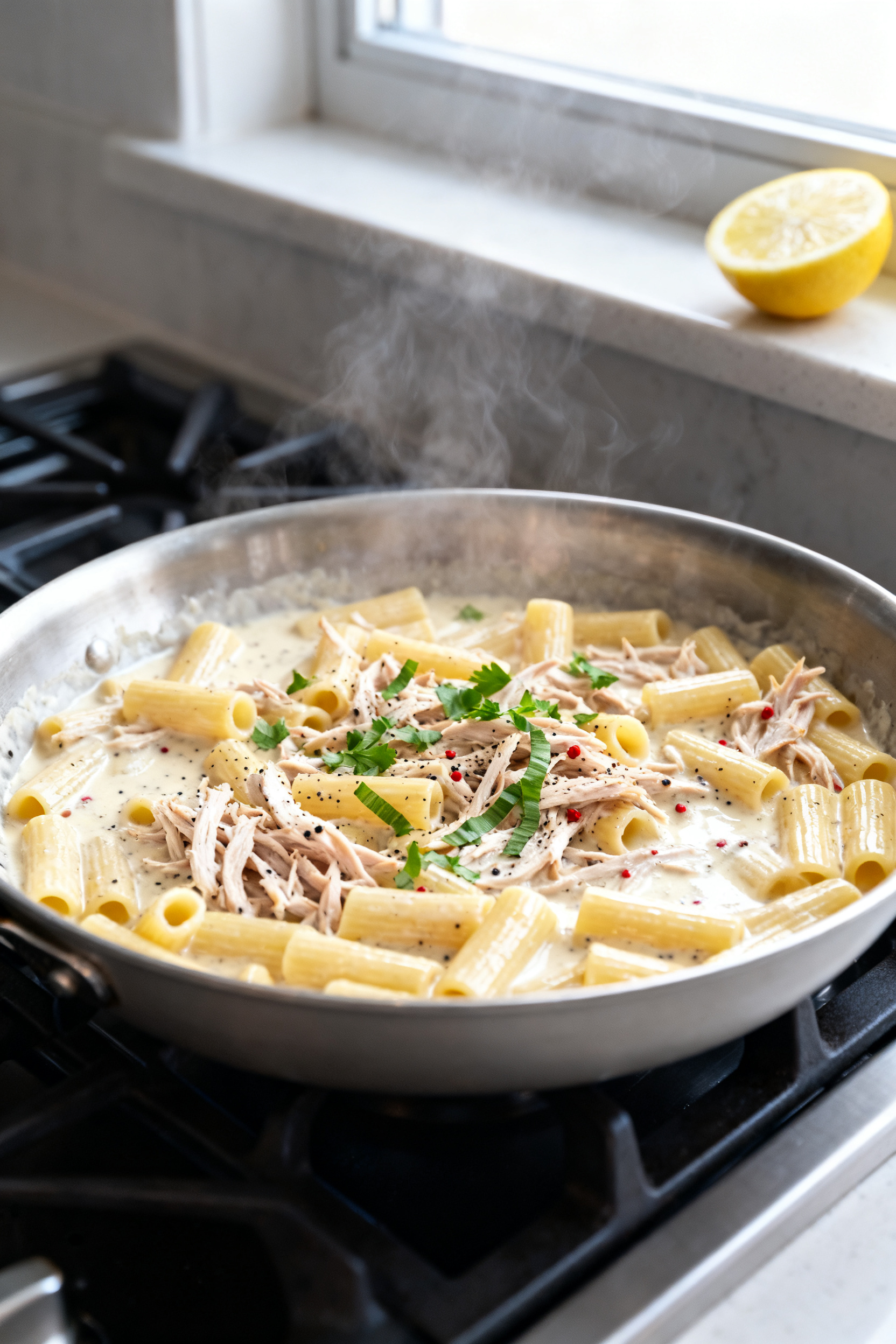 Before You Shop — Check This List → "Before You Shop — Check Your Leftover Turkey Recipes" - A Practical, Delicious Plan Cooking process — Creamy One-Pan Turkey Pasta: Close-up, of al dente short pasta and shredded turk