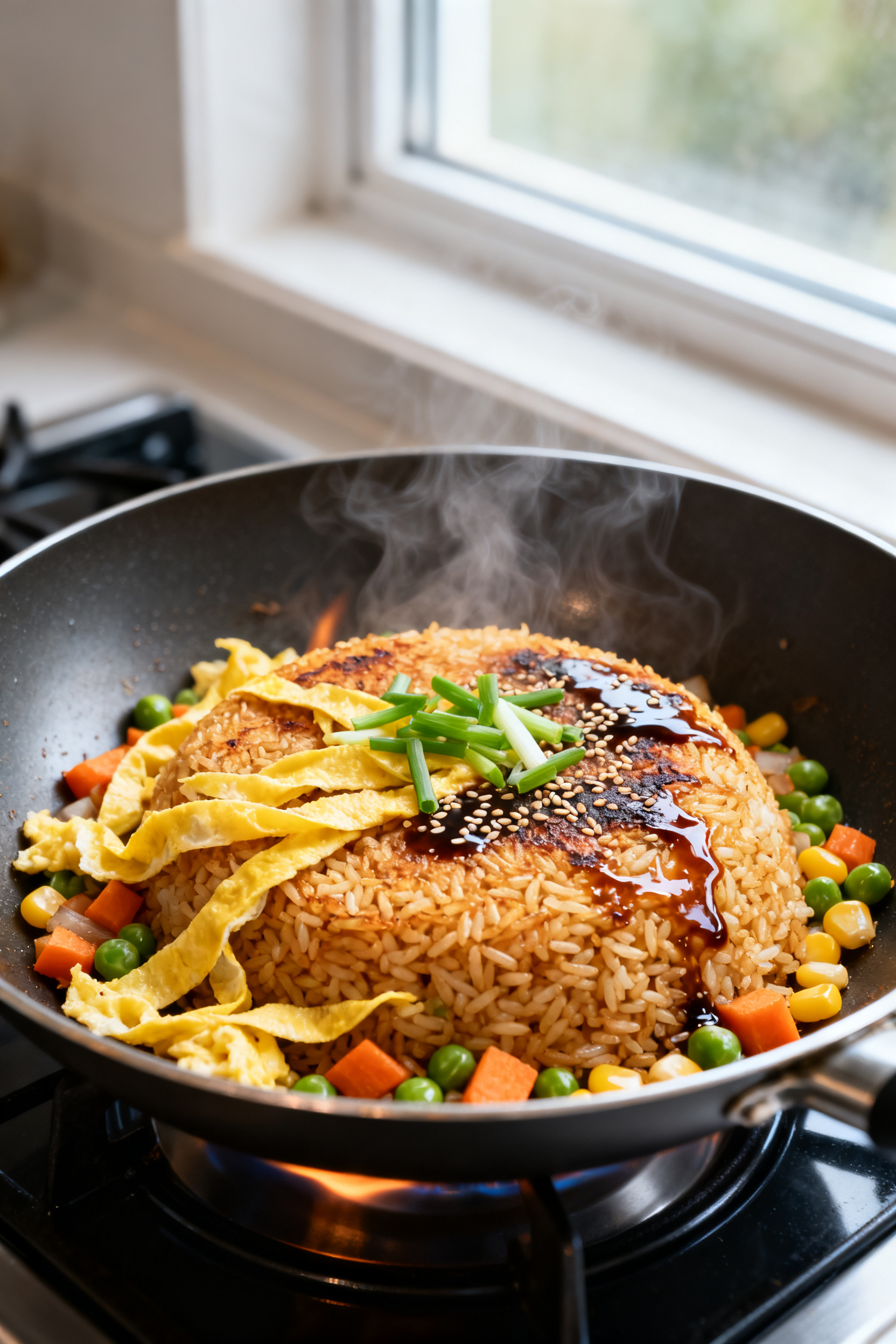 Cooking process: Crispy Fried Rice sizzling in a wide stainless skillet over medium-high heat, close