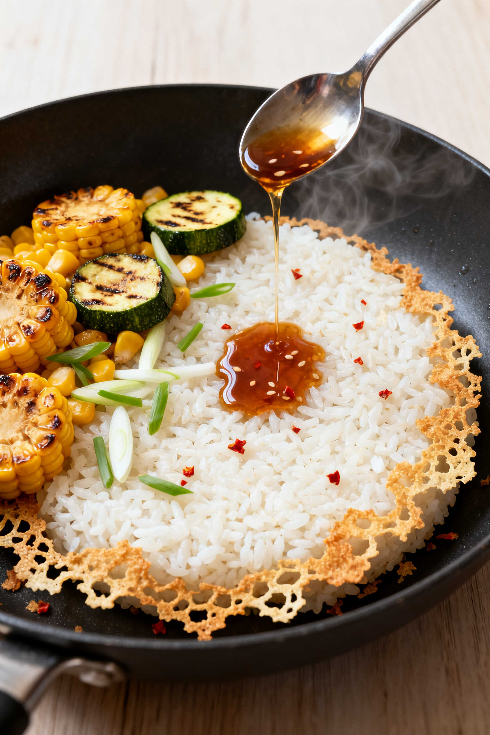 Cooking process — Crispy Rice Bowls With Summer Veg: Day-old rice pressed into a nonstick skillet,