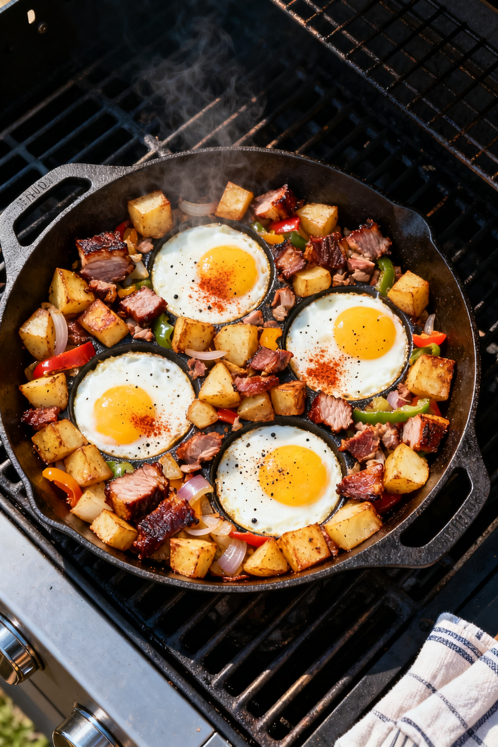 Cooking process: Crispy smoked meat and potato hash finishing on a cast-iron skillet over a pellet g