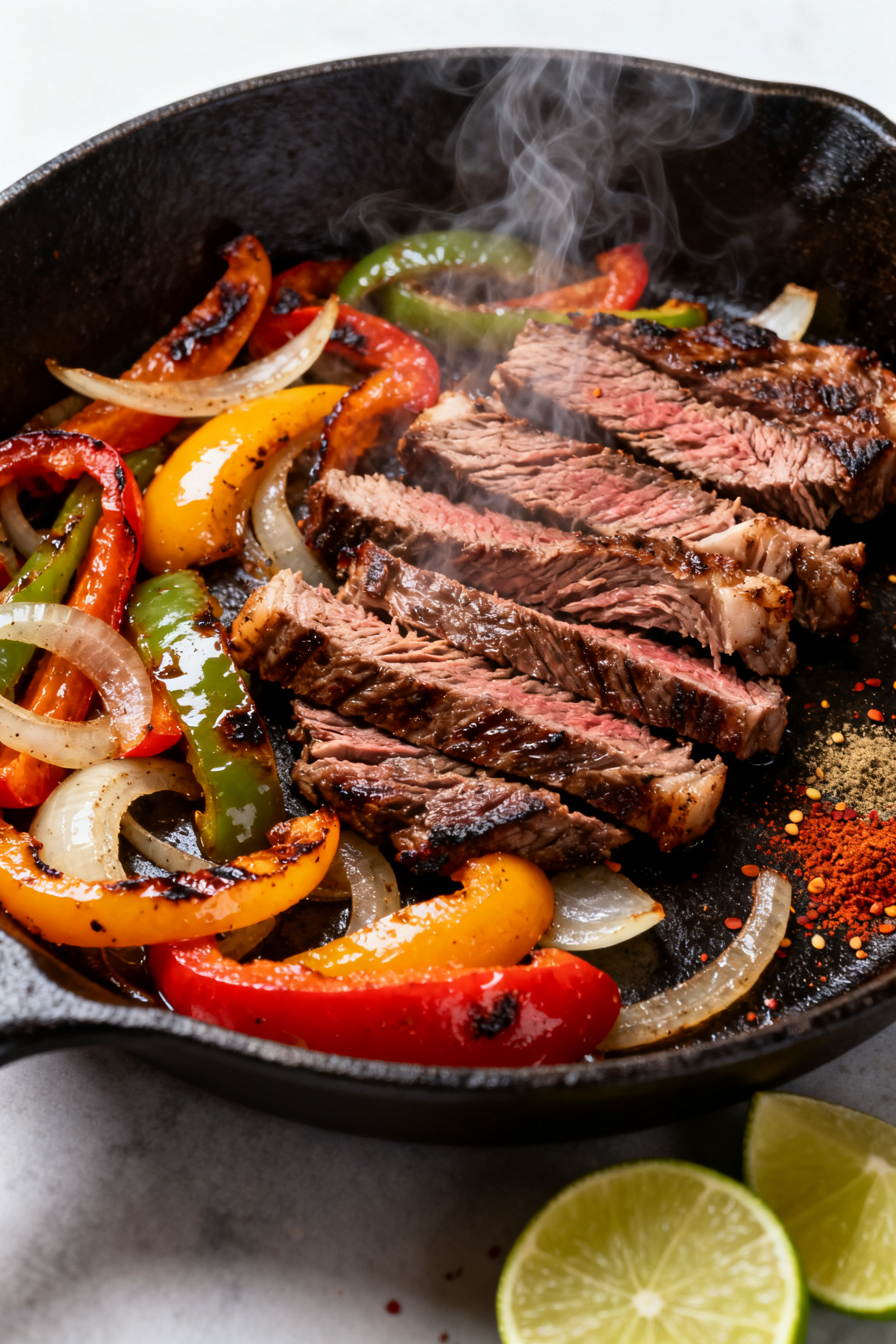 Cooking process — Fajita-style steak skillet: Sautéed bell peppers and onions glistening and slig