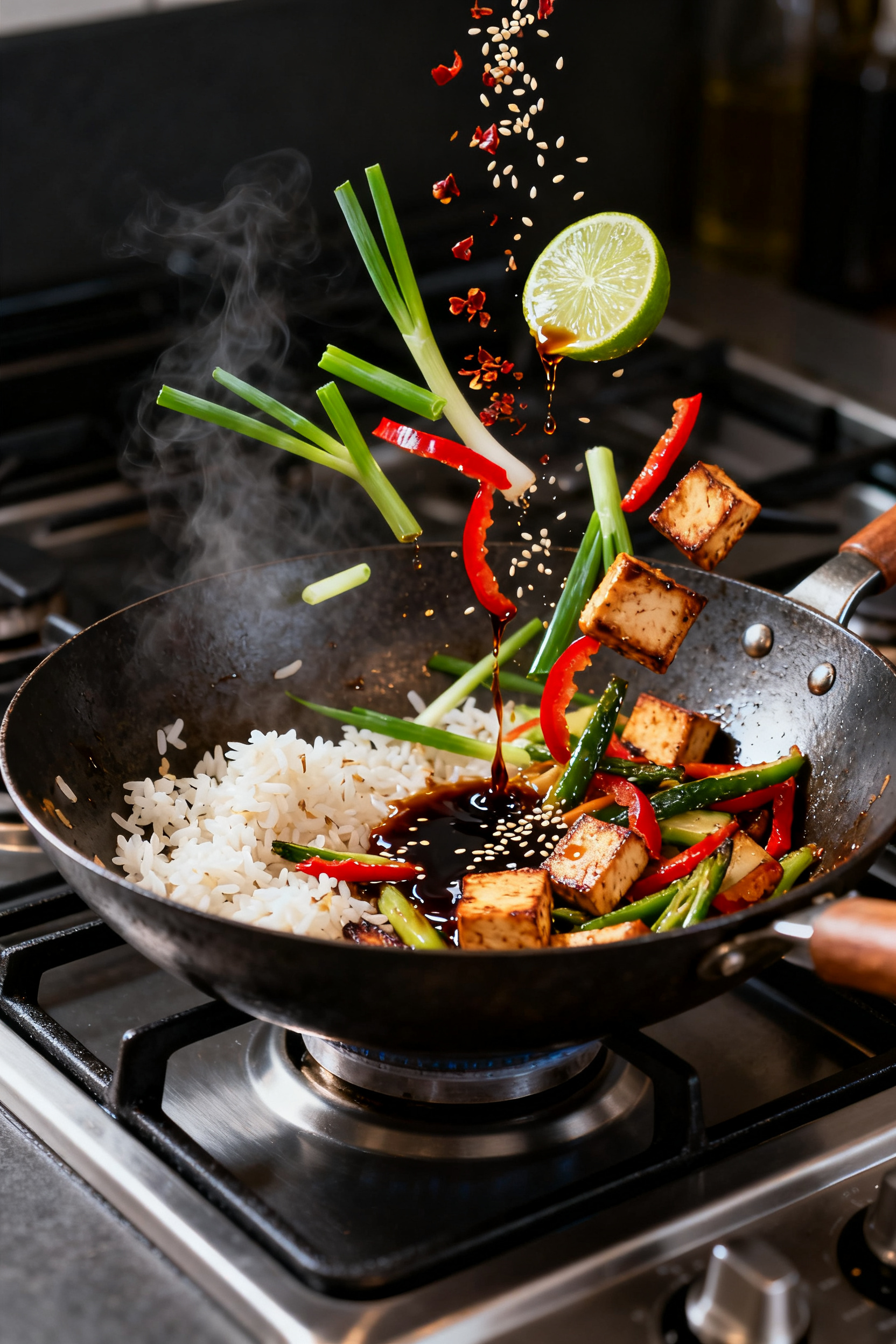 Cooking process: Fast skillet stir-fry in action—wok with leftover rice, mixed roasted vegetables,