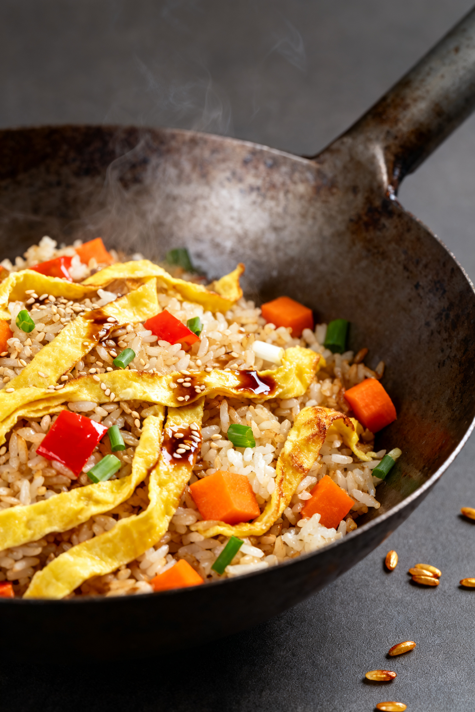 Easy Leftover Recipes - Smart, Tasty Ways to Use What You Have Cooking process — Fried Rice Formula: Close-up of sizzling fried rice in a seasoned carbon-steel w