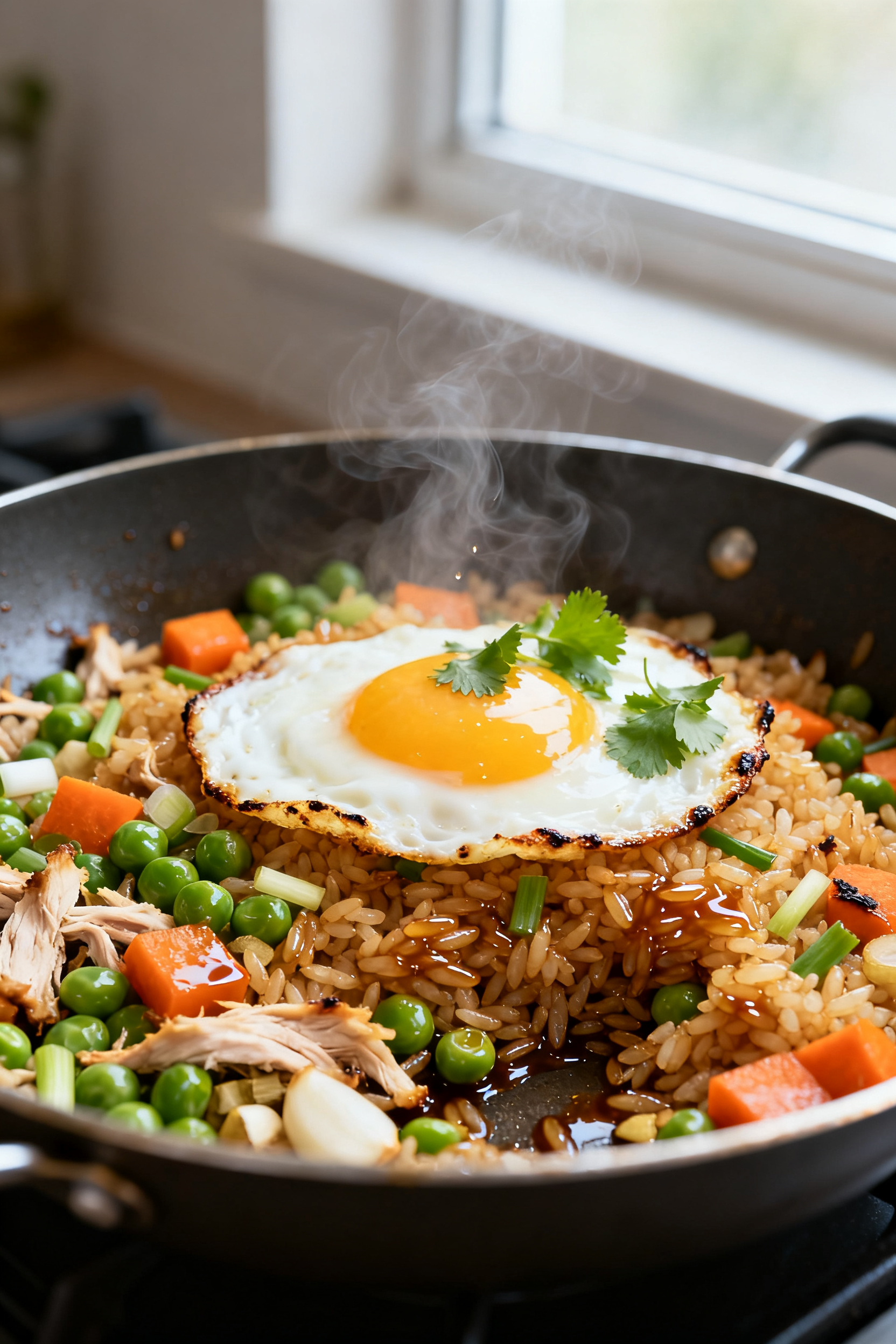 Leftover Food Ideas — Stop Throwing Money in the Trash - Simple, Smart Ways to Reuse What You Have Cooking process — Fried rice pathway: Day-old rice stir-fried in a wide skillet with glistening so