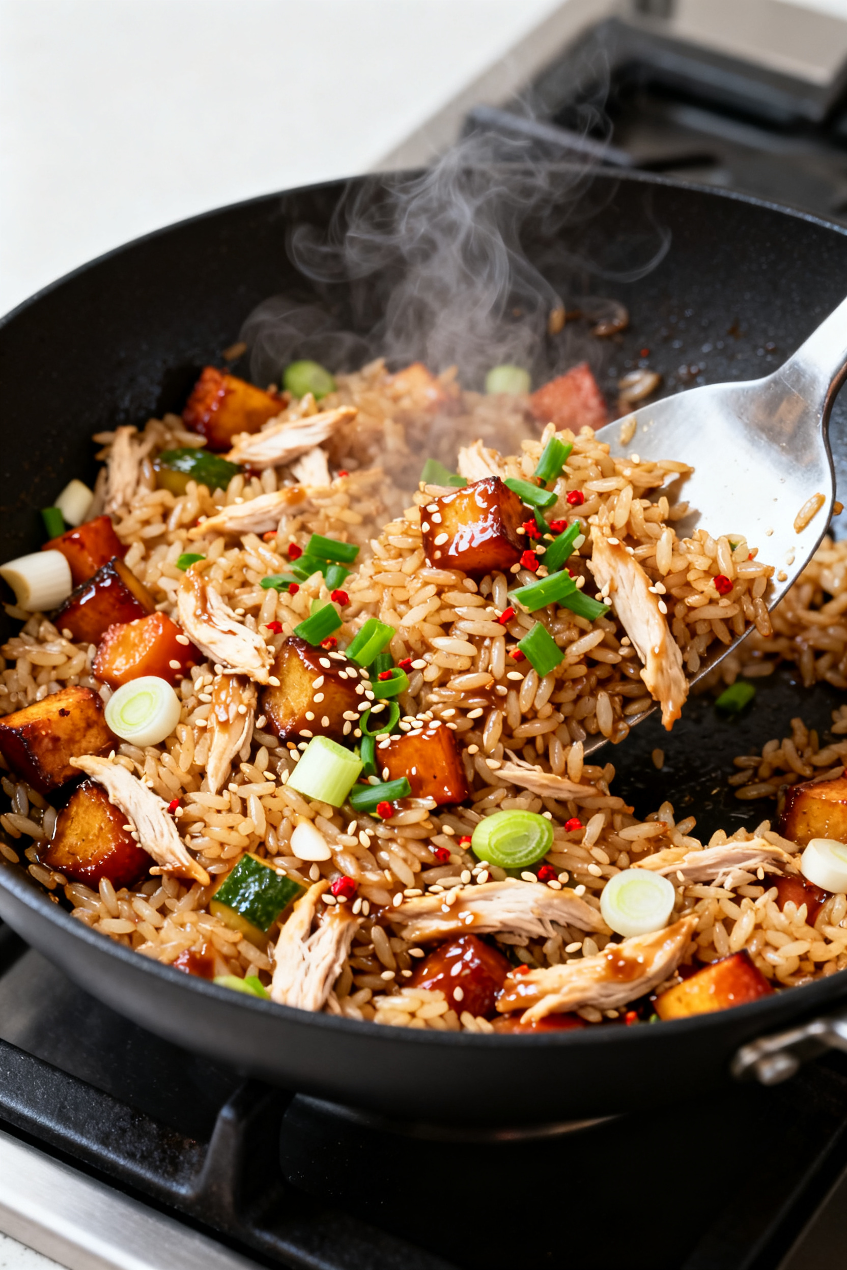 Cooking process — Fried Rice, Reinvented: Steaming-hot skillet scene with revived day-old rice bei