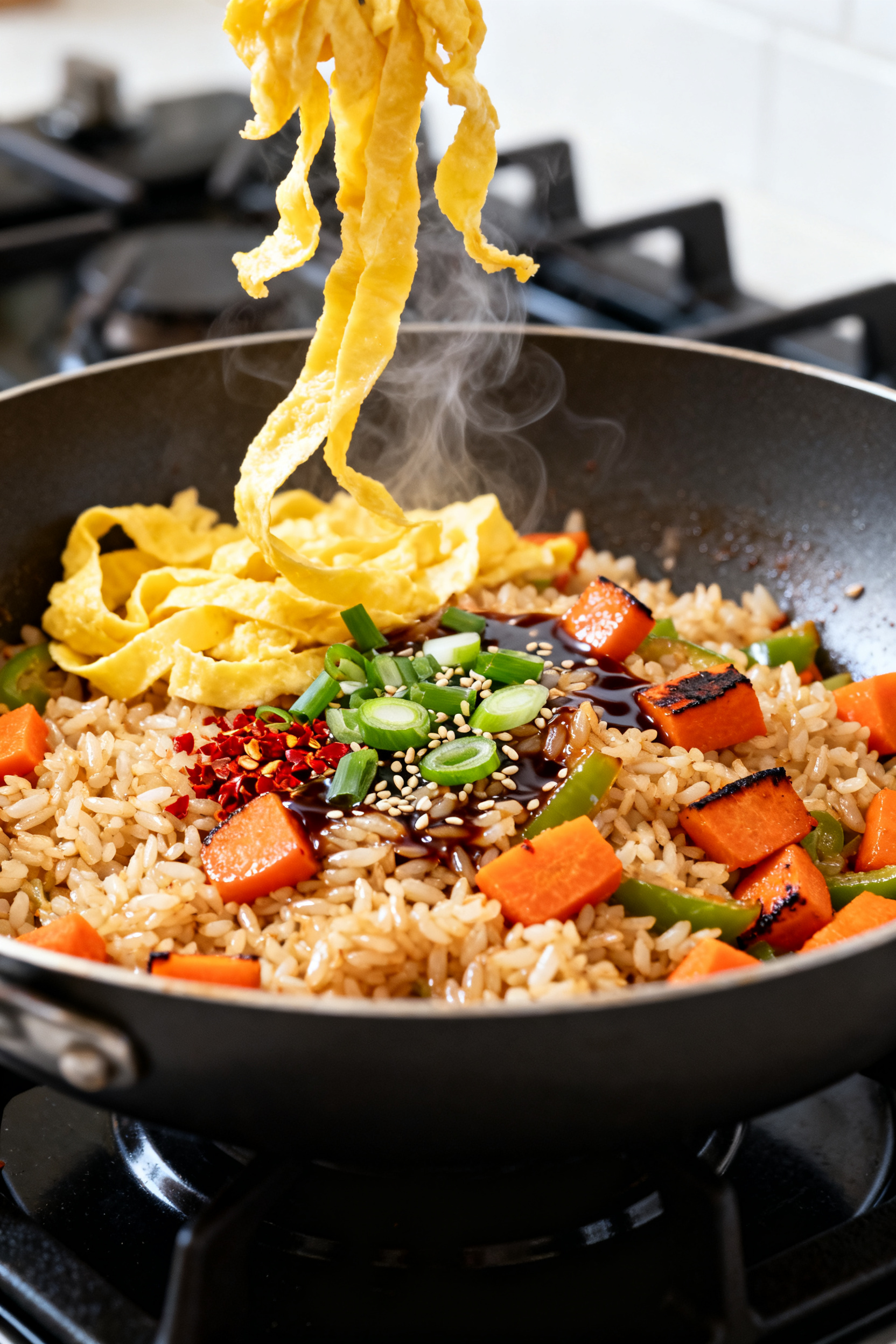 Budget Leftover Recipes - Simple Ways To Turn Extras Into Dinner Cooking process — Fried Rice Rescue: Close-up of sizzling leftover fried rice in a large skillet,