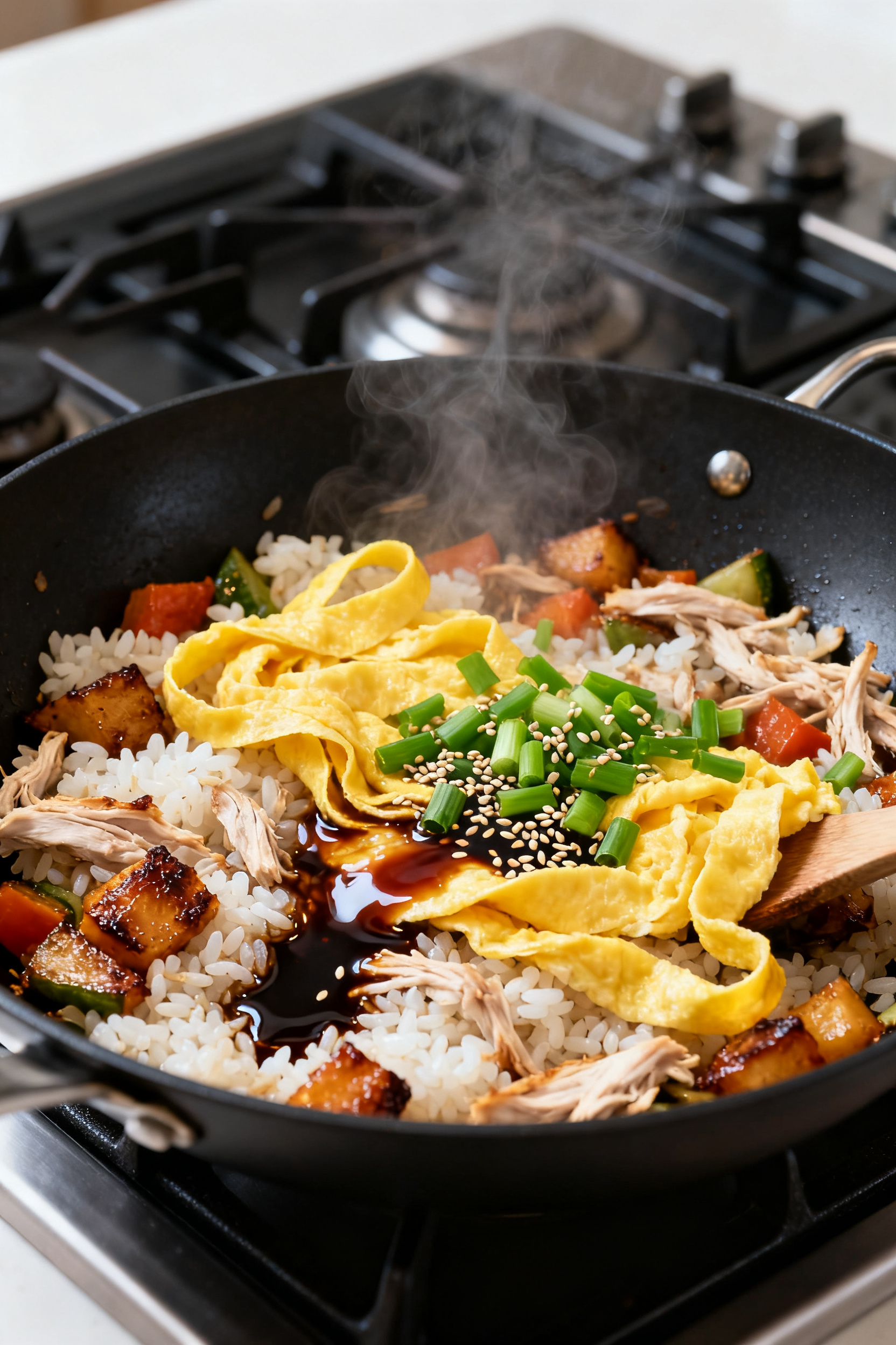 Cooking process — Fried rice-style skillet toss: Day-old rice, mixed roasted vegetables, and shred