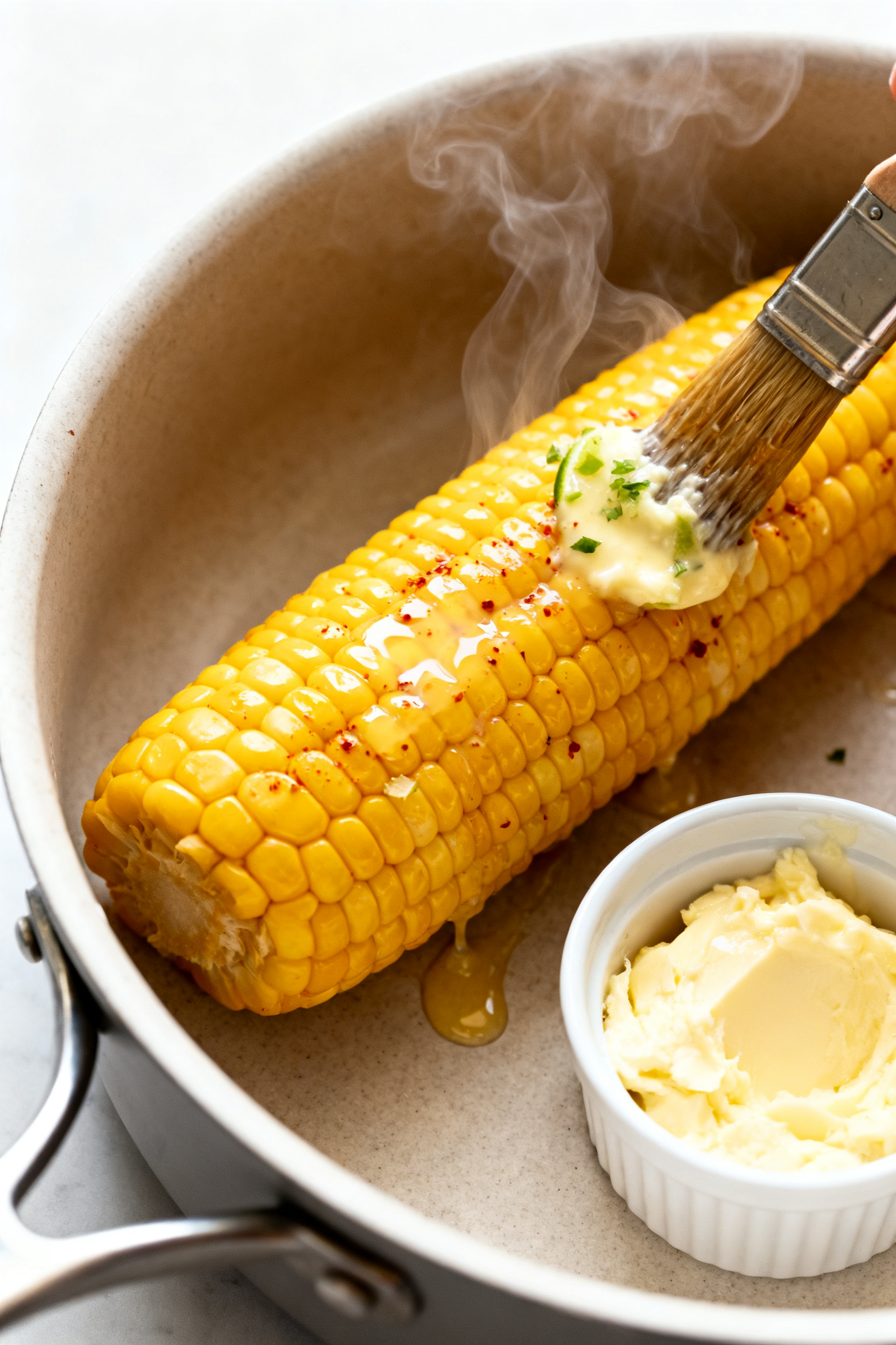 Healthy Summer Dinner Recipes — Fresh Easy Family Favorite - Light, Flavorful, and Weeknight-Friendly Cooking process: Garlic-lime butter being brushed over steaming hot corn on the cob just out of a po