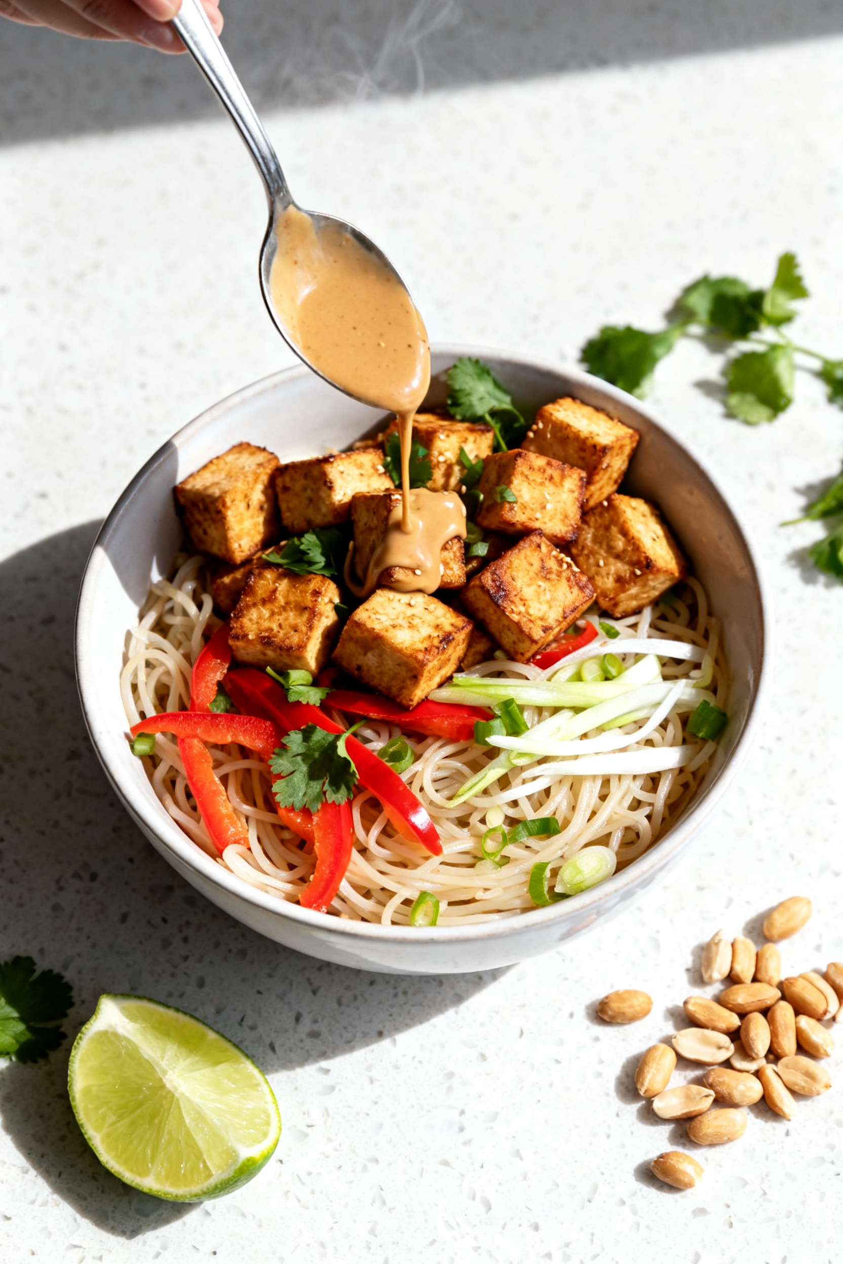Cold Noodles That Actually Fill You Up → Summer Dinner Recipes — Cold Noodles That Fill You Up Cooking process: Golden pan-seared tofu cubes (pressed and salted) being folded into a chilled noodl