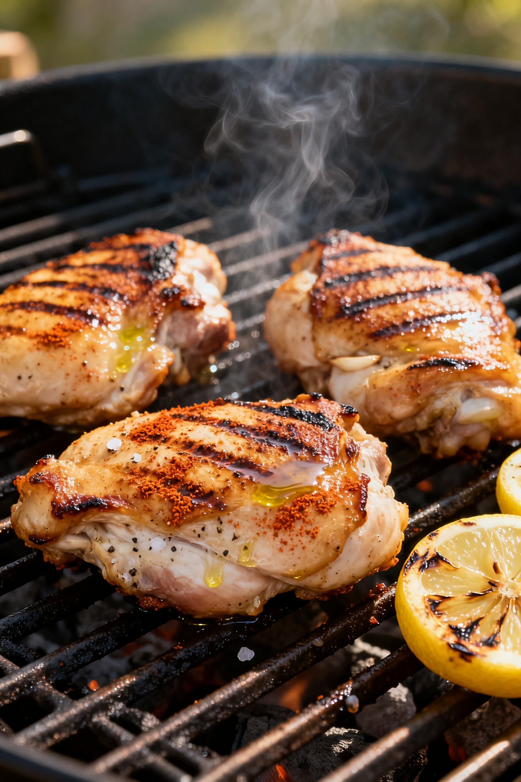 Cooking process — Grill sear: Boneless chicken thighs sizzling on a preheated grill, deep golden g