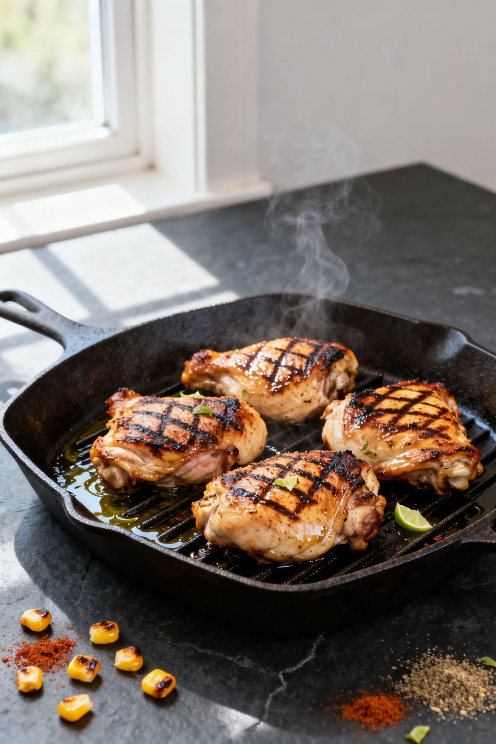 Summer Recipes — The Ultimate Warm Weather Comfort Food - Simple, Fresh, and Satisfying Cooking process — Grilled chicken thighs sizzling on a hot cast-iron grill pan, beautifully charre