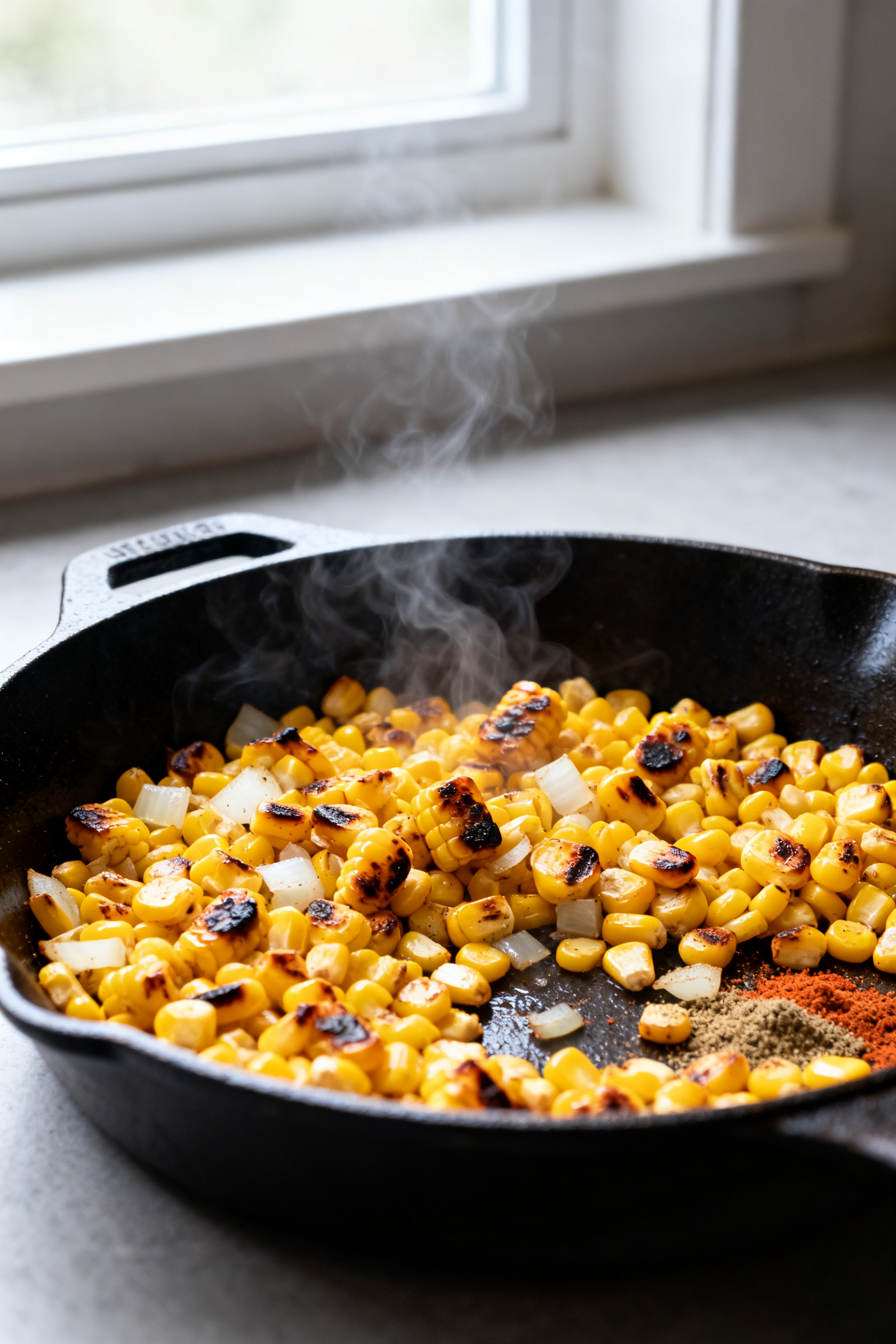 Cooking process — Grilled corn kernels sizzling in a cast-iron skillet, lightly charred golden-bro