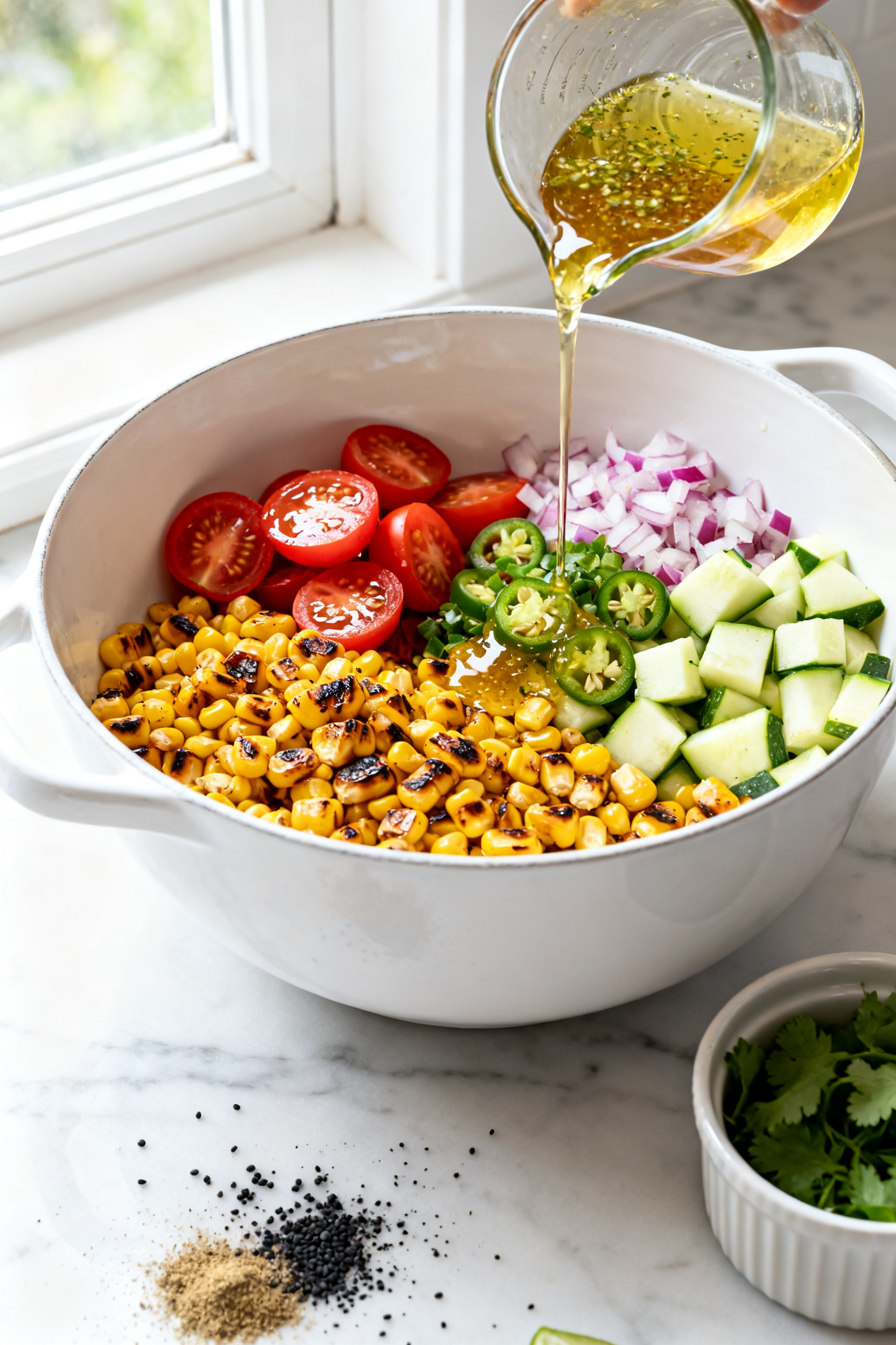 Cooking process — Grilled corn salad base being tossed: Overhead shot of a large white mixing bowl