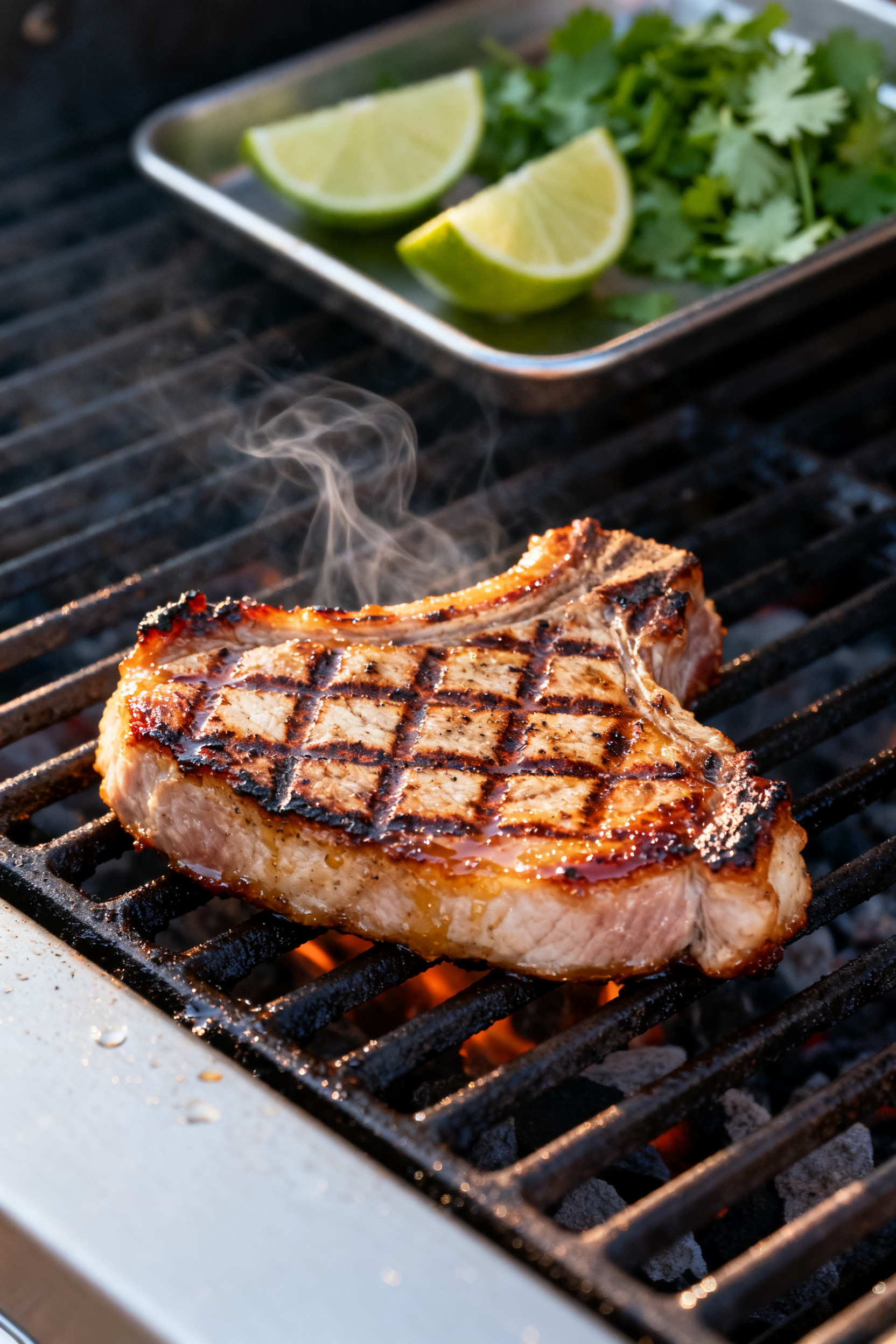 Cooking process — Grilled pork chops sizzling on a hot grill at medium-high heat, close-up of 1-in