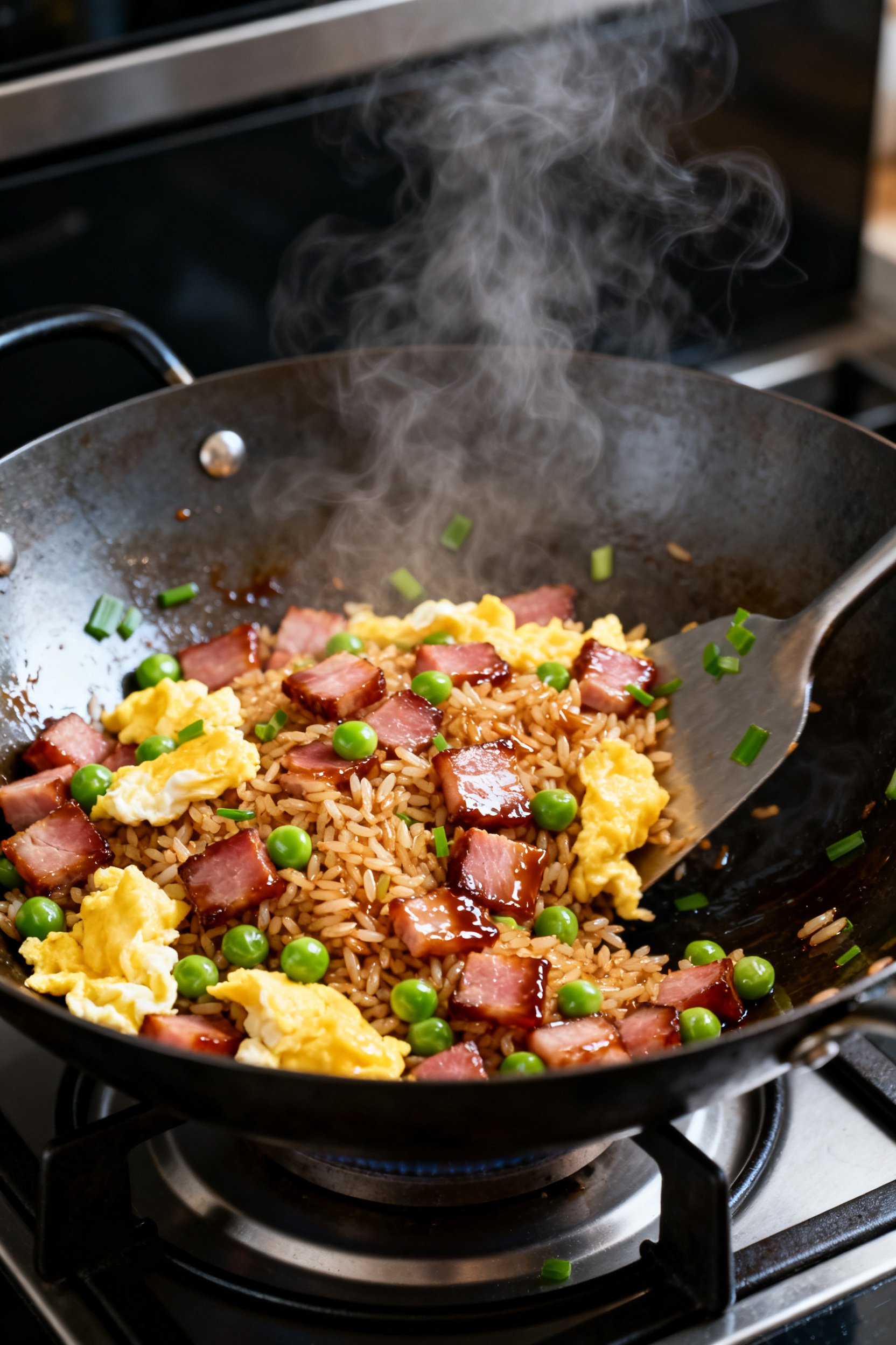 Cooking process — Ham Fried Rice in the pan: A wok over medium-high heat with glossy cooked rice t