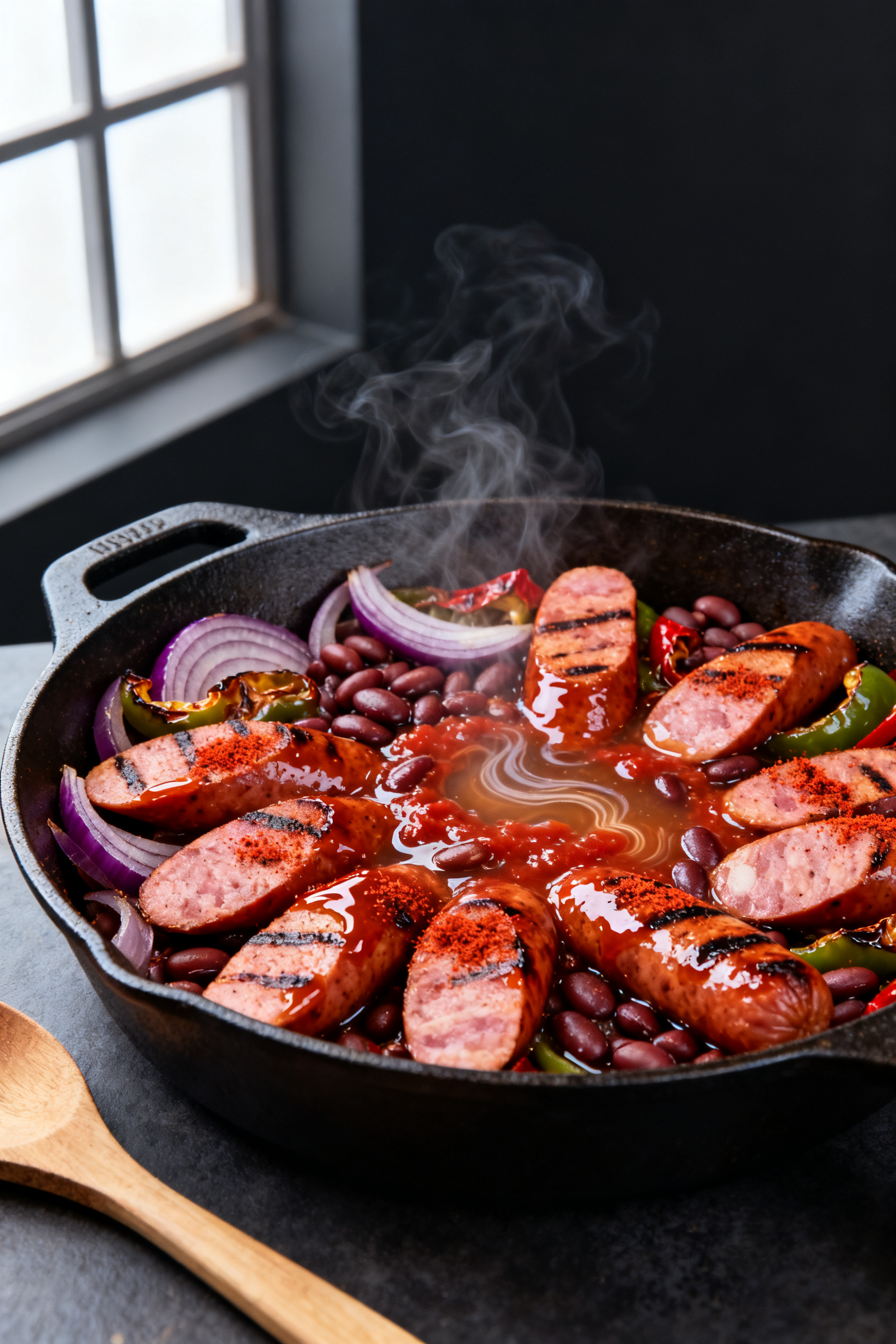 Cooking process — Hot Dog and Bean Skillet: Sliced grilled hot dogs and sausages sizzling in a cas