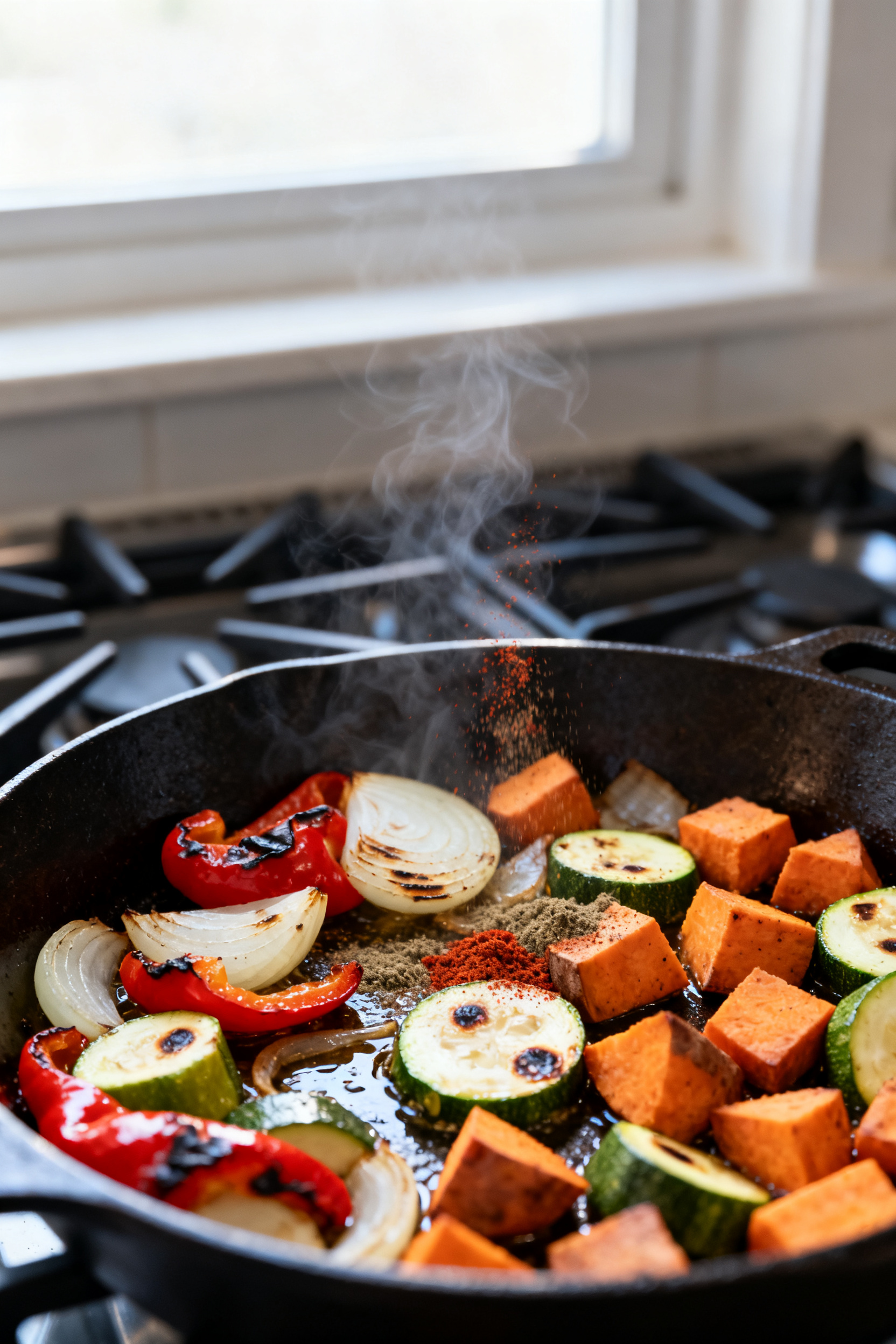 Cooking process — Hot skillet re-crisp: Close-up of roasted peppers, onions, zucchini, and sweet p