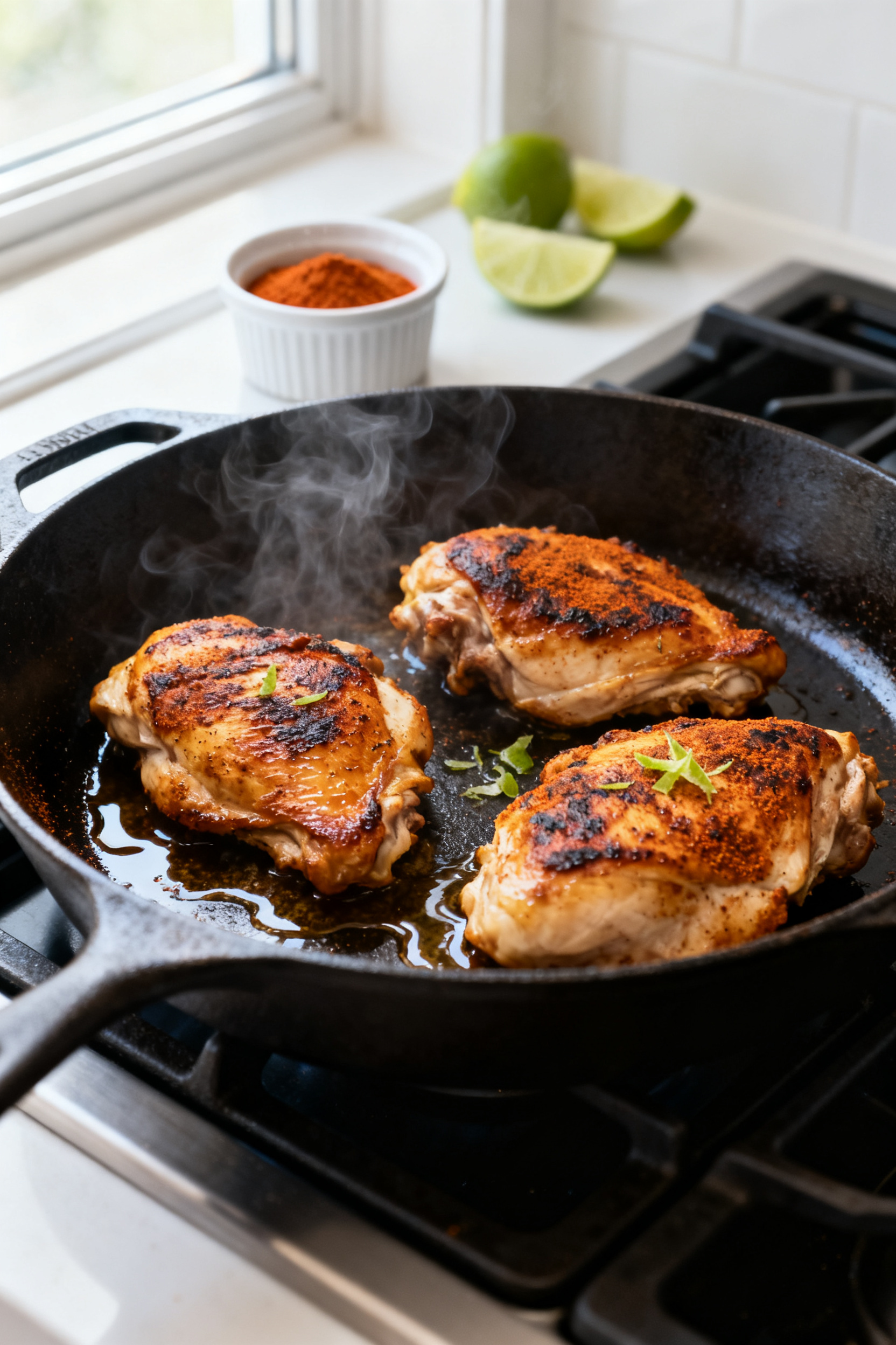 Cooking process — Juicy cumin-paprika chicken thighs sizzling on a hot cast-iron skillet, deep gol