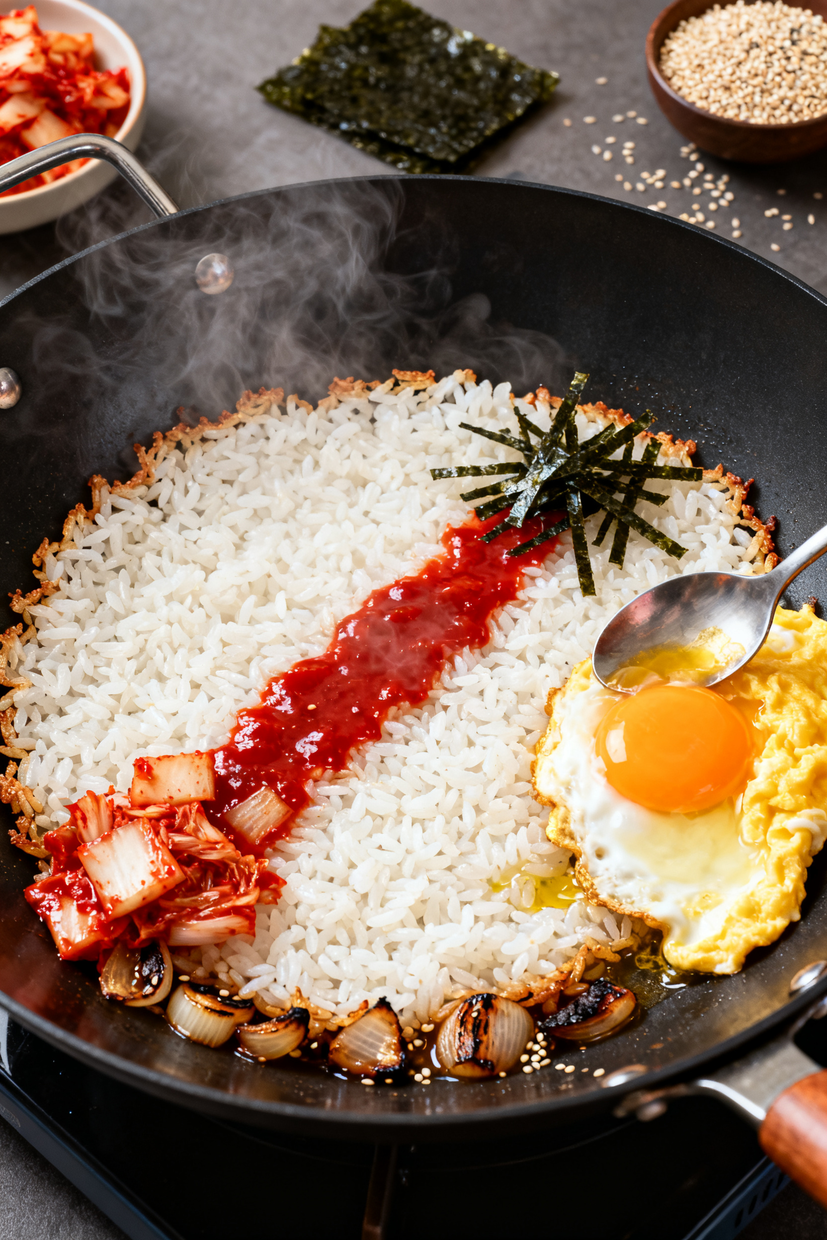 Leftover Rice Recipes Never Looked This Good Before - Simple, Flavor-Packed Ideas Cooking process — Kimchi Fried Rice in action: A sizzling wok over medium-high heat with chilled j