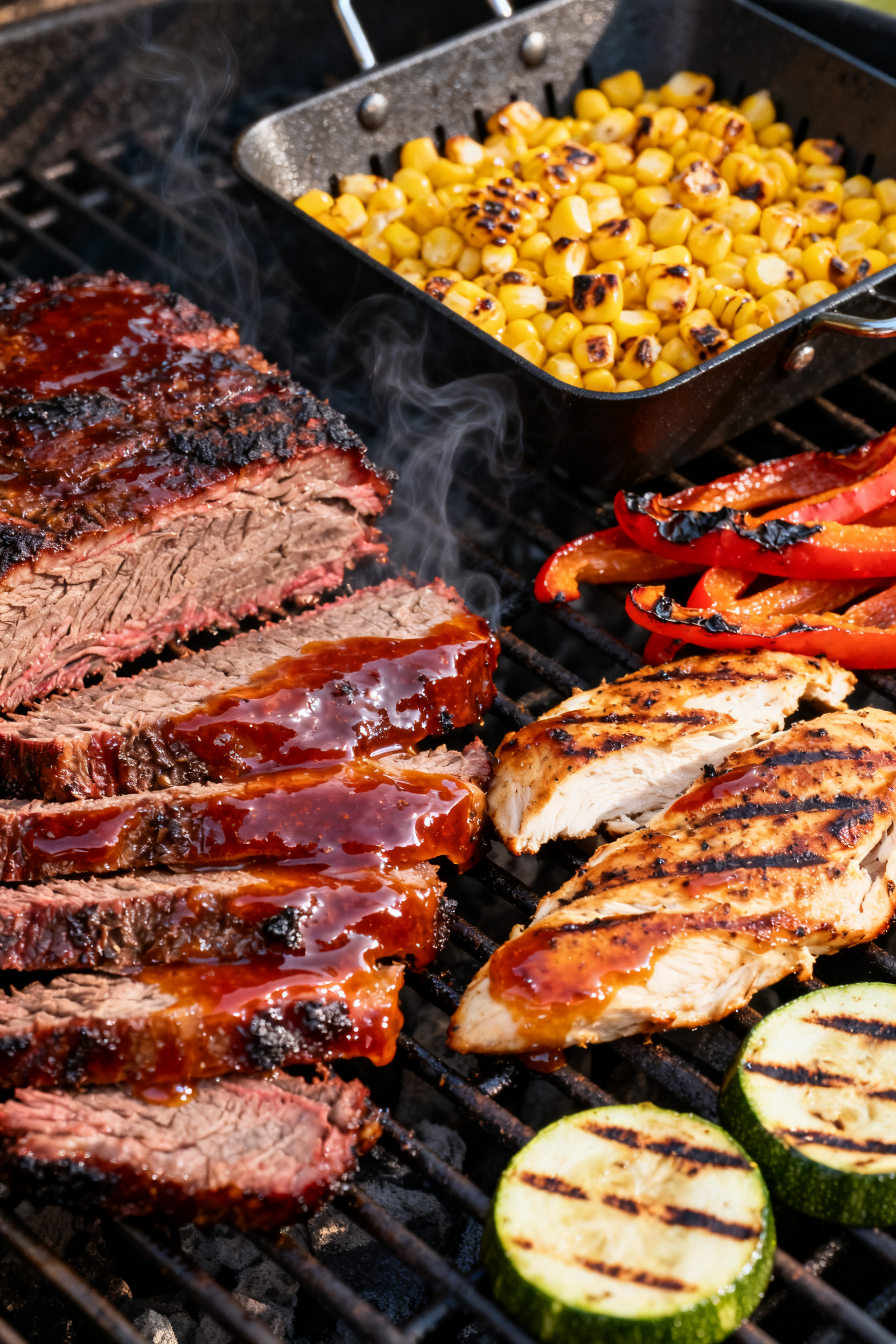 Cooking process — Leftover BBQ proteins and veggies re-crisping on a hot grill: sliced smoked bris