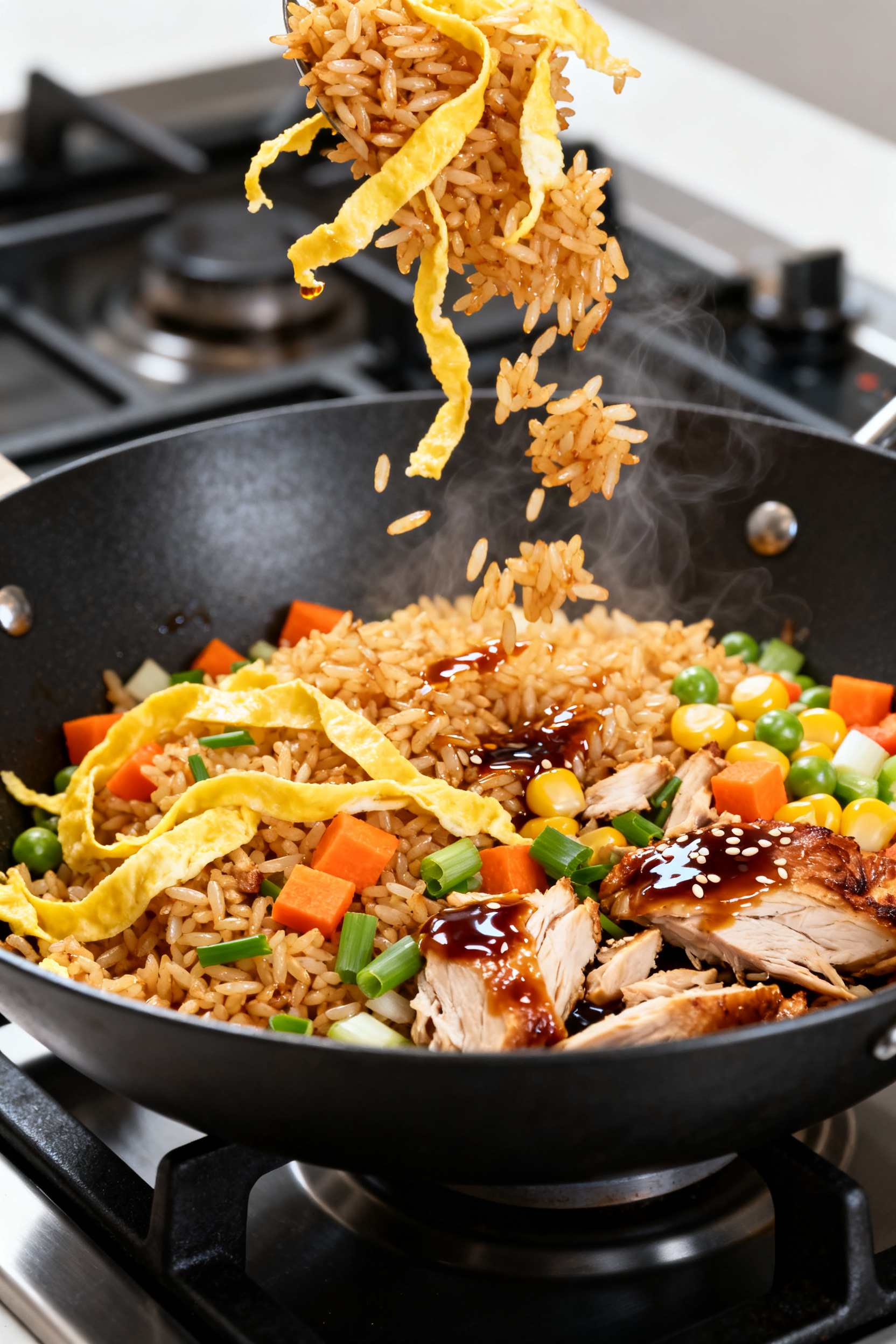 Cooking process – Leftover Fried Rice: A sizzling wok scene with cooked fried rice being tossed mi