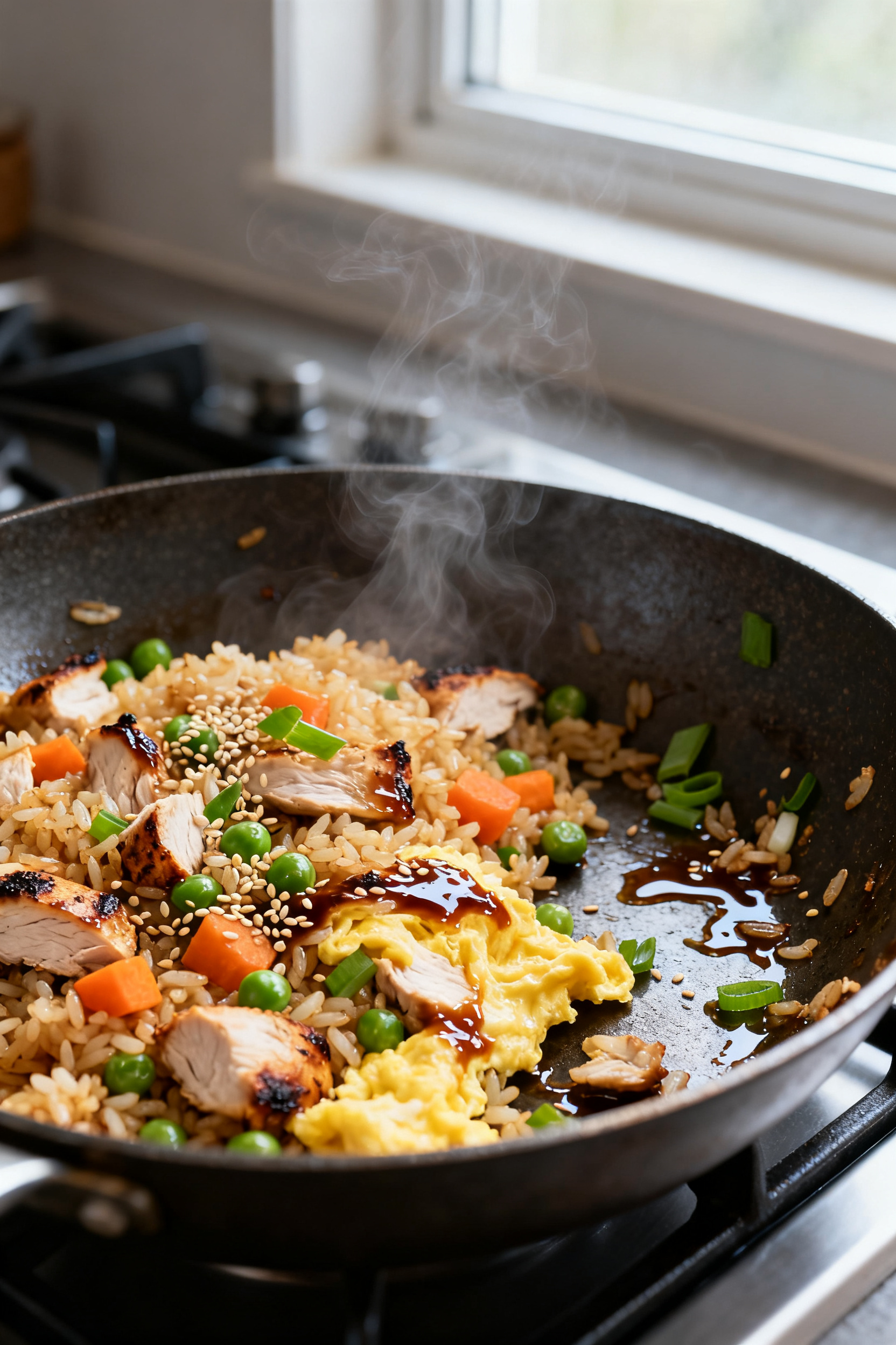 Cooking process — Leftover fried rice makeover sizzling in a carbon-steel skillet: fluffy reheated