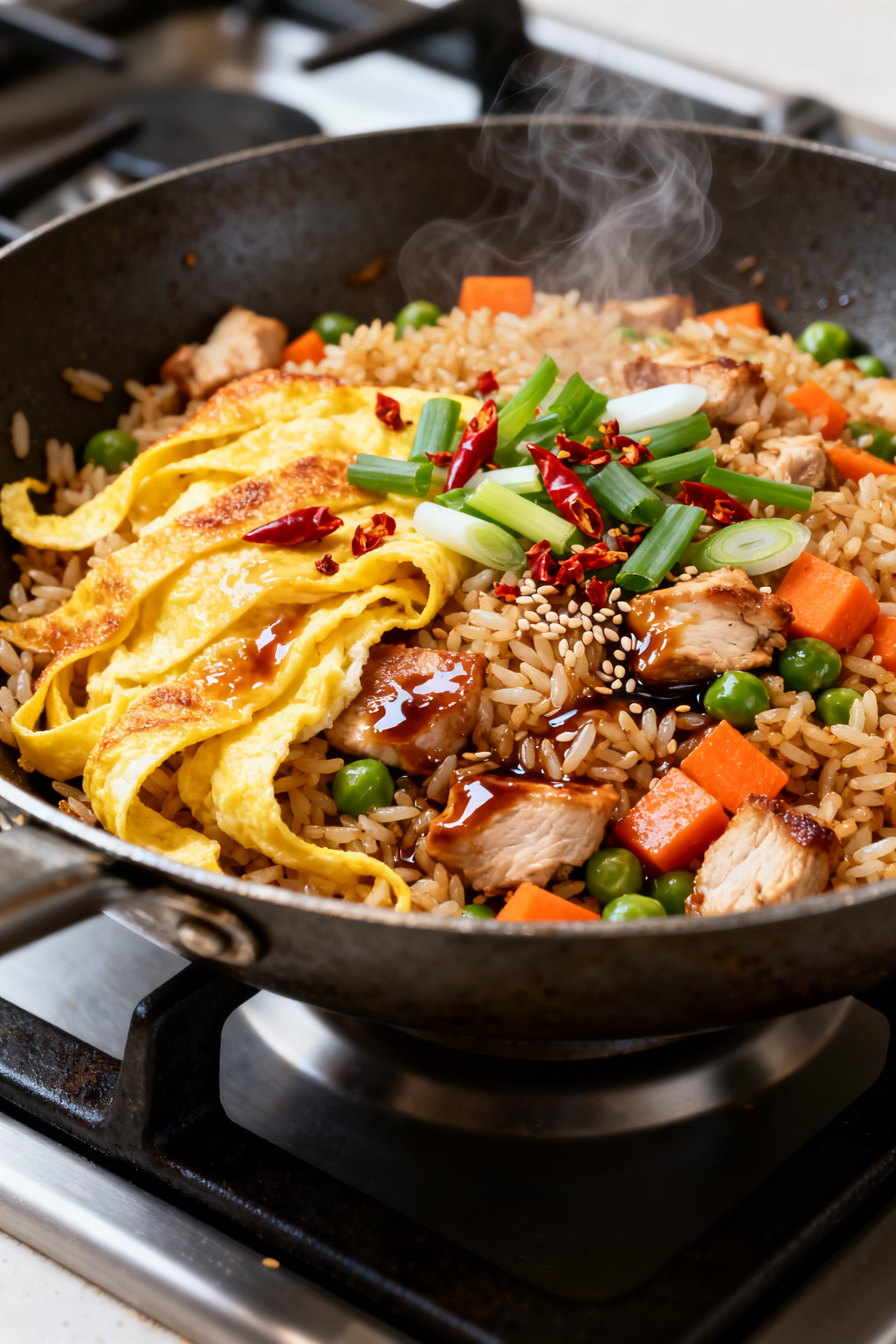 Cooking process: Leftover fried rice sizzling in a carbon-steel skillet, close-up of glossy, well-se