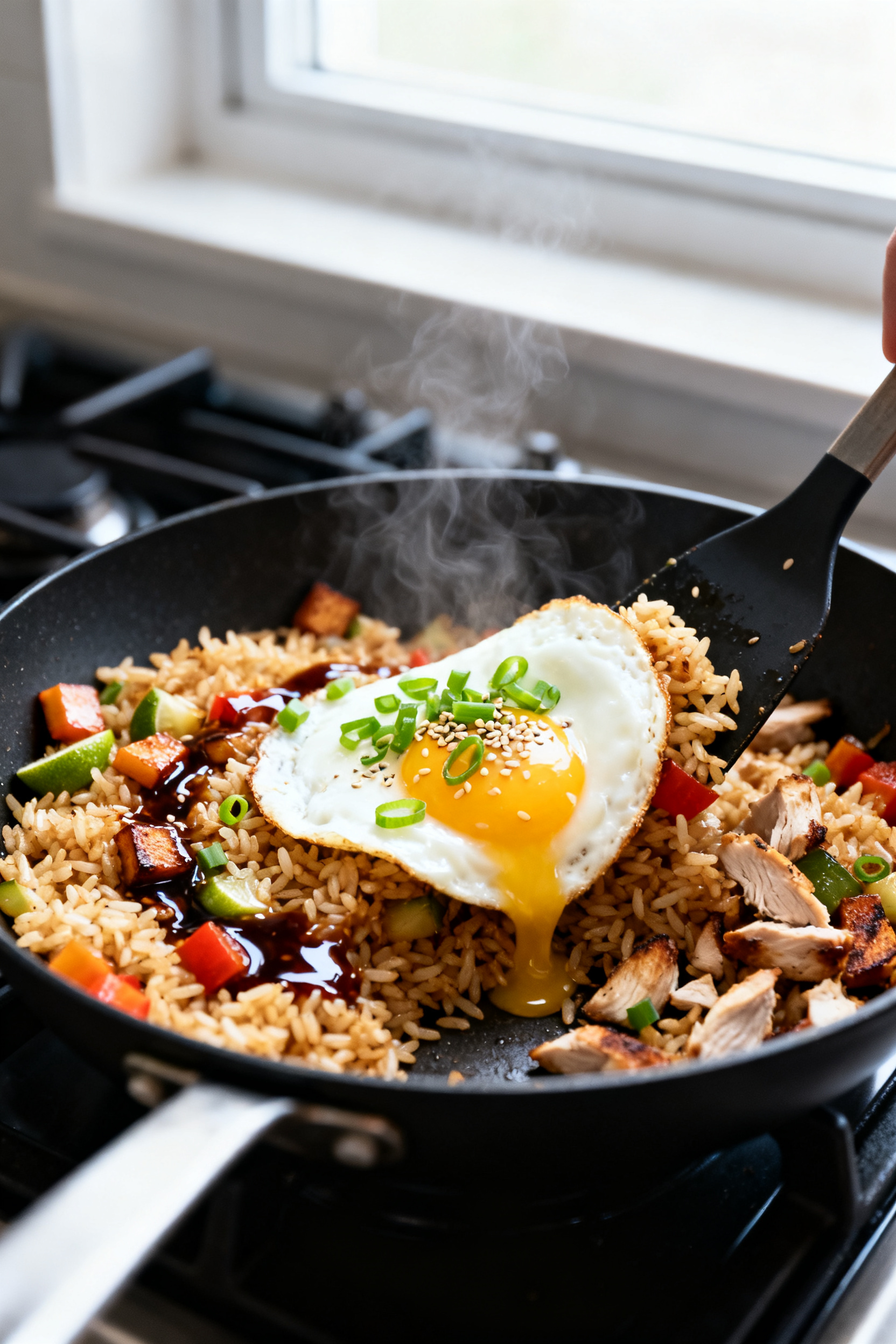 Easy Leftover Meals — Leftovers Worth Looking Forward To - Simple, Smart, and Delicious Cooking process — Leftover Rice Bowl: Close-up of sizzling fried rice in a black skillet, grains s