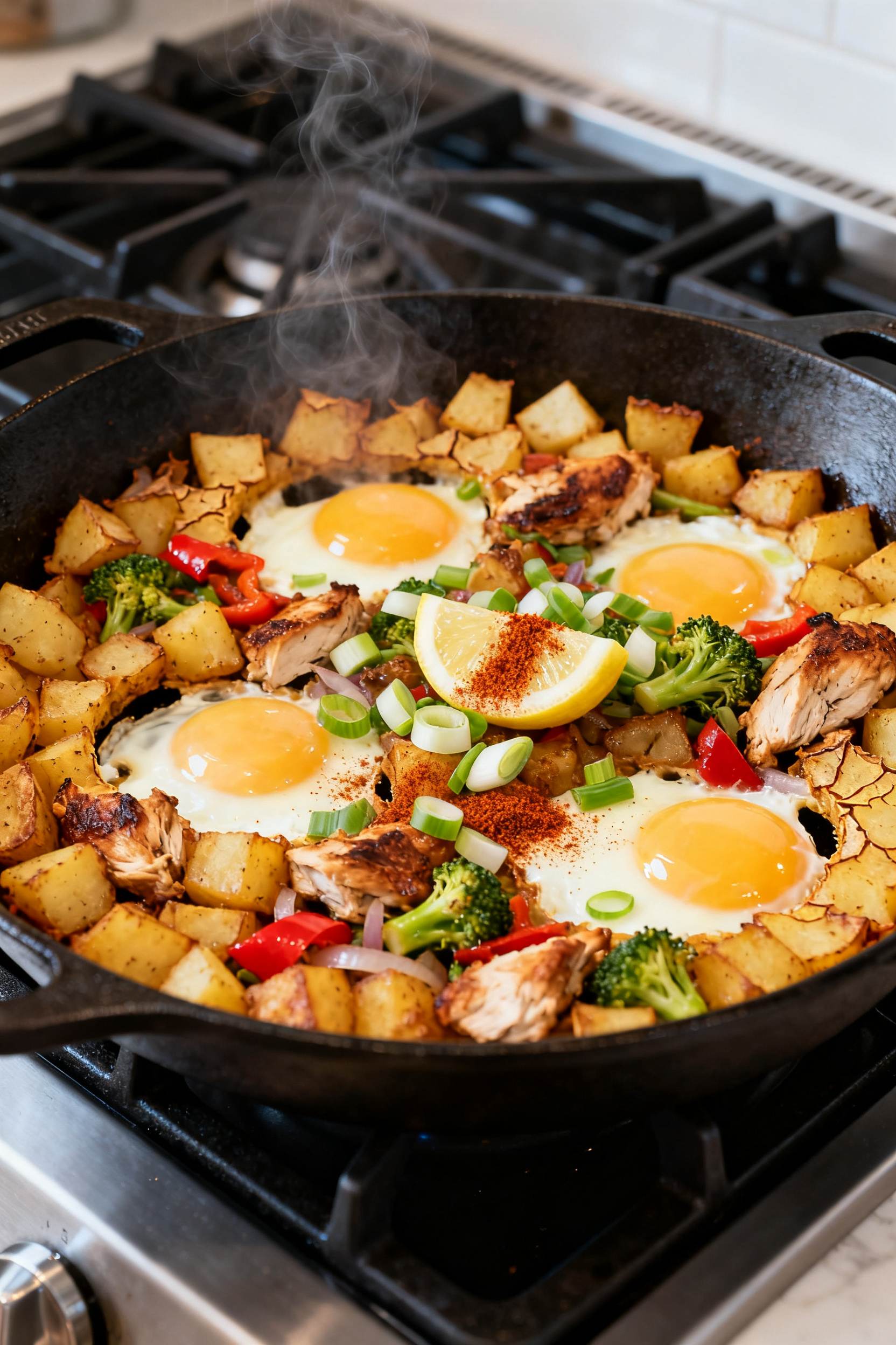 Cooking process — Leftover Skillet Hash: A large cast-iron skillet over medium-high heat with cris