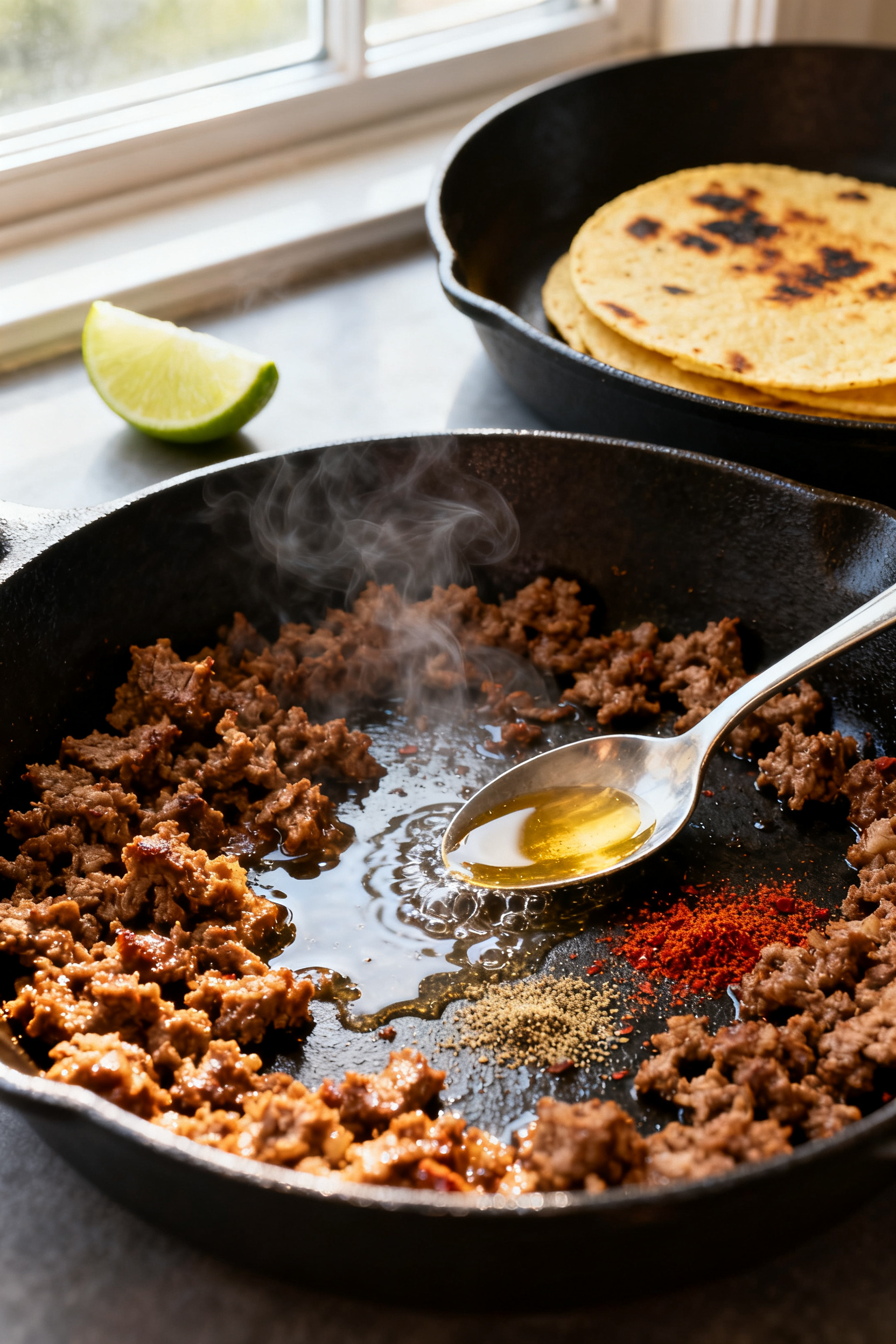 Cooking process — Leftover taco meat being reheated in a black cast-iron skillet: crumbled, browne