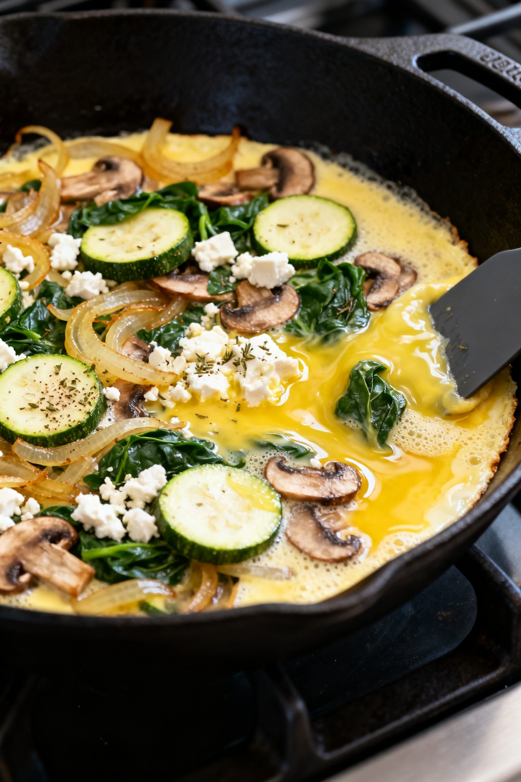 Cooking process — Leftover Veggie Frittata setting on the stovetop: close-up of a 10–12 inch bla