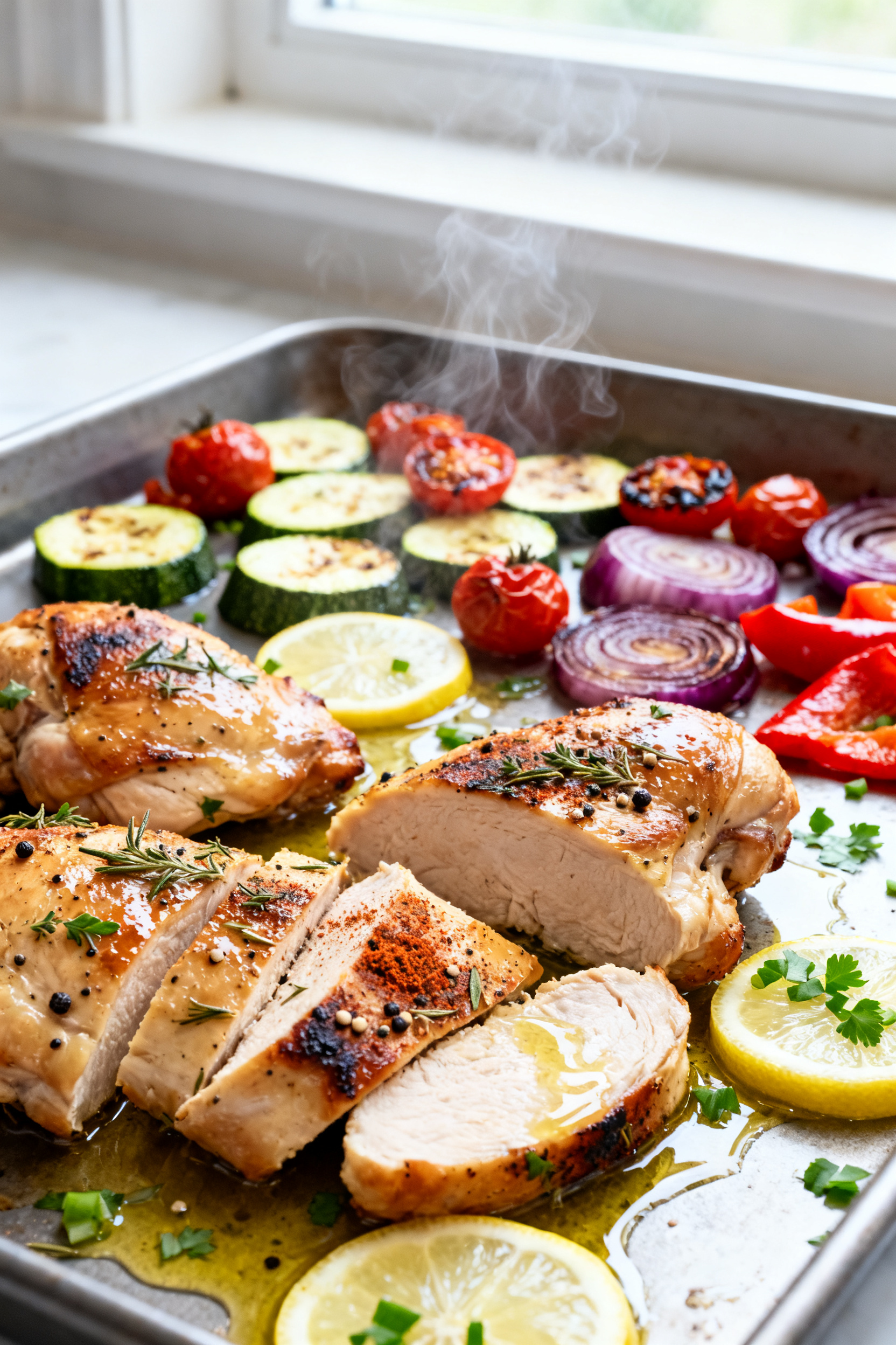 Cooking process — Lemon-herb chicken just out of the oven: Close-up of sliced, juicy roasted chick