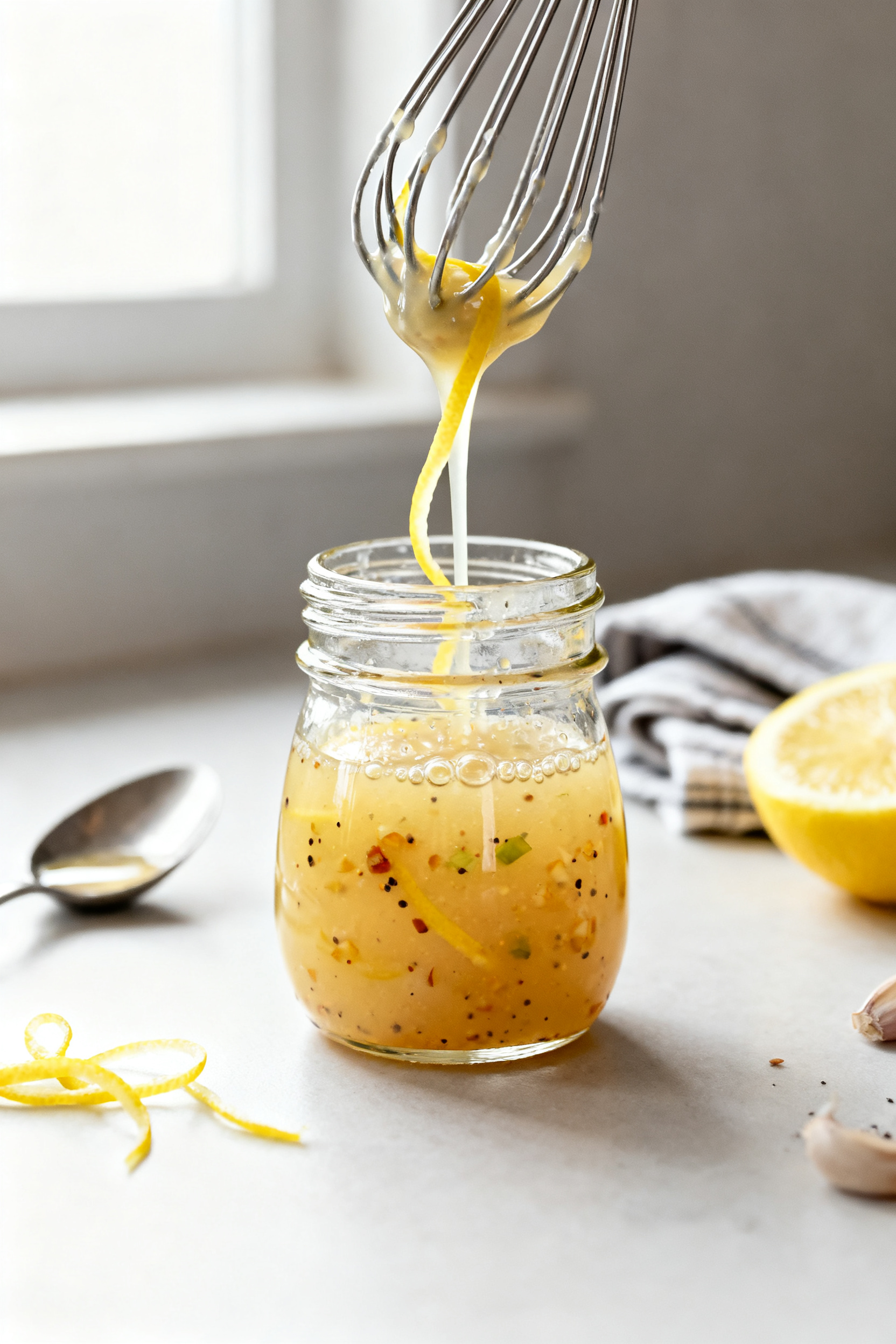 Cooking process — Lemon-honey vinaigrette being whisked to a silky emulsion in a small glass jar o