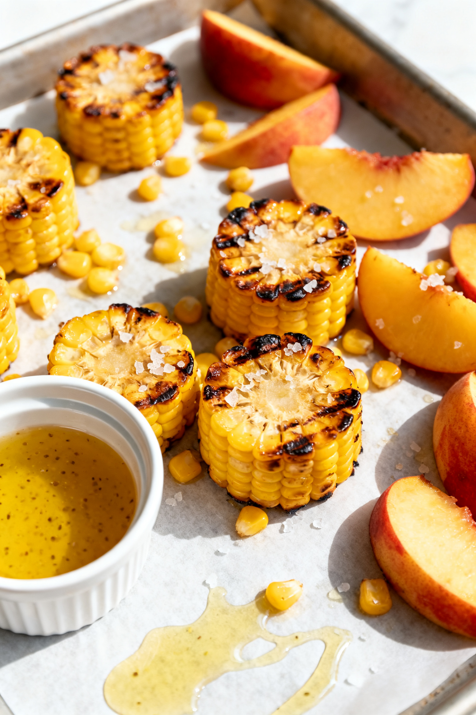 Summer Recipes — This Is Peak Summer Eating - Bright, Fresh, and Easy Cooking process: Lightly charred corn kernels and peach wedges cooling on a parchment-lined sheet pa