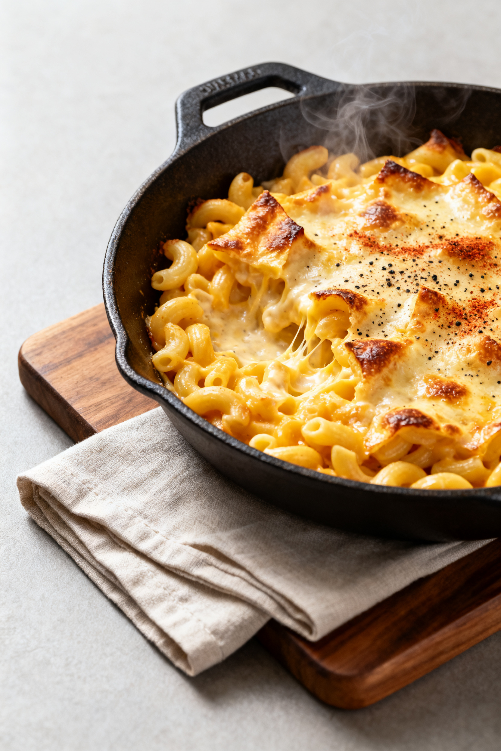 Cooking process: Mac and cheese for a crowd being finished in a cast-iron skillet fresh from the ove