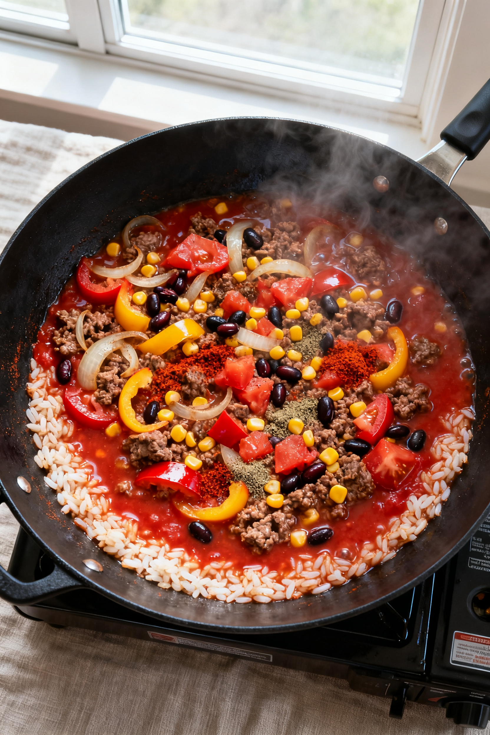 Busy Night? One Pan. Done. → "Leftover Ground Beef Recipes — One Pan Busy Night Done" - A Fast, Flavor-Packed Skillet Meal Cooking process, mid-simmer: Overhead shot of a large 12-inch skillet on the stovetop with the one-p