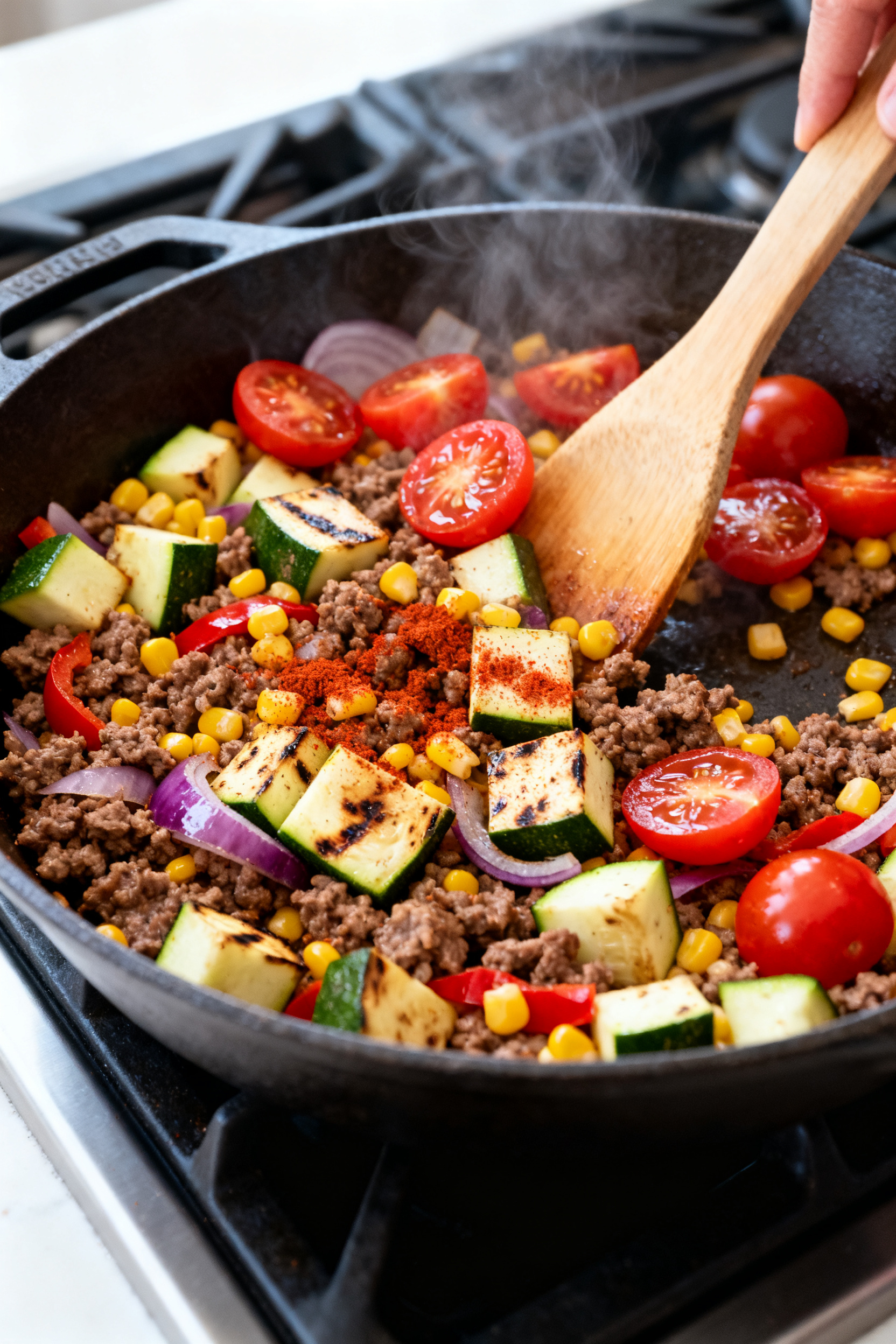 Cooking process — One-pan summer beef skillet sizzling in a wide, dark cast-iron skillet on the st