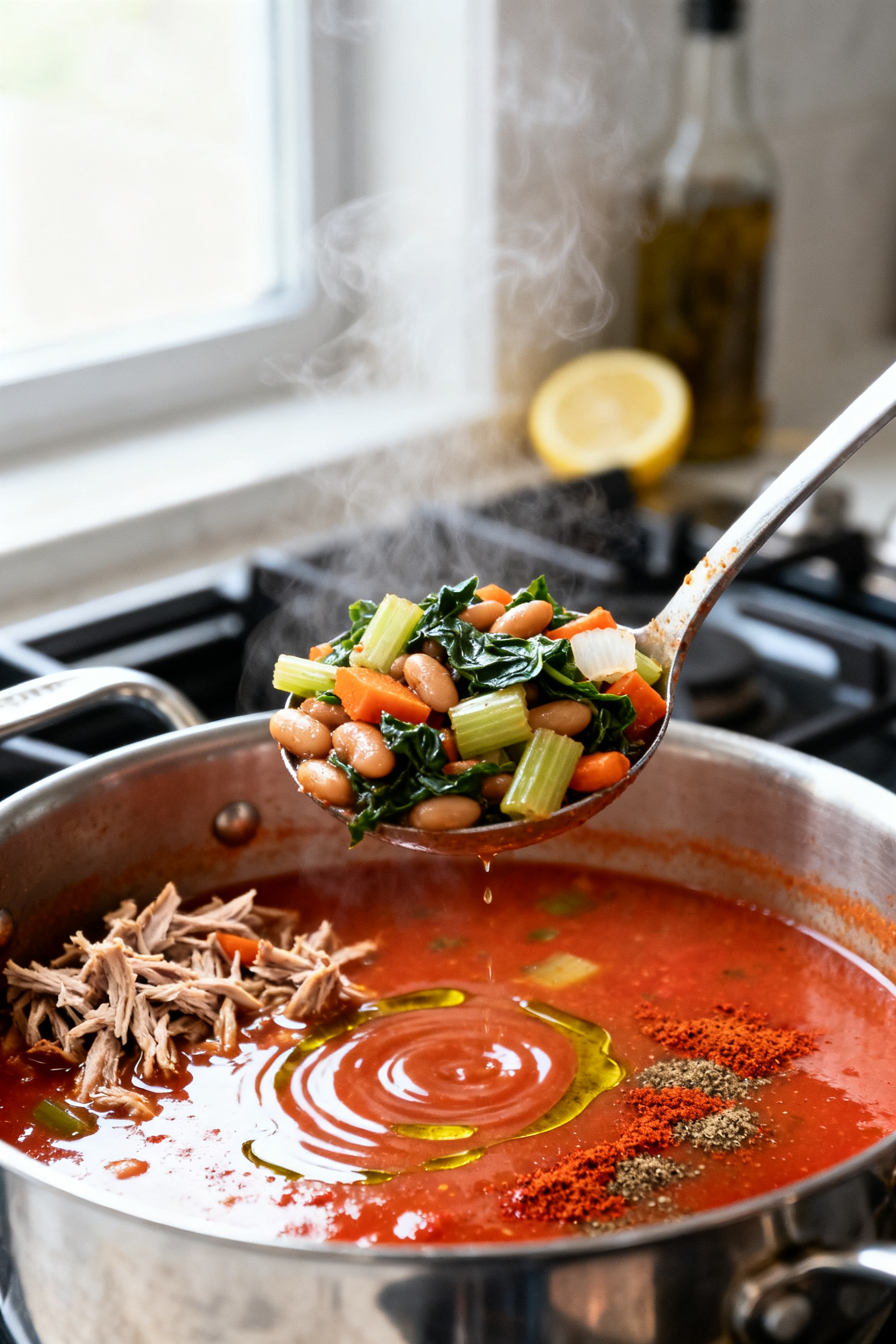 Cooking process — One-Pot Leftover Soup: Steam rising from a simmering pot of tomato-broth soup pa