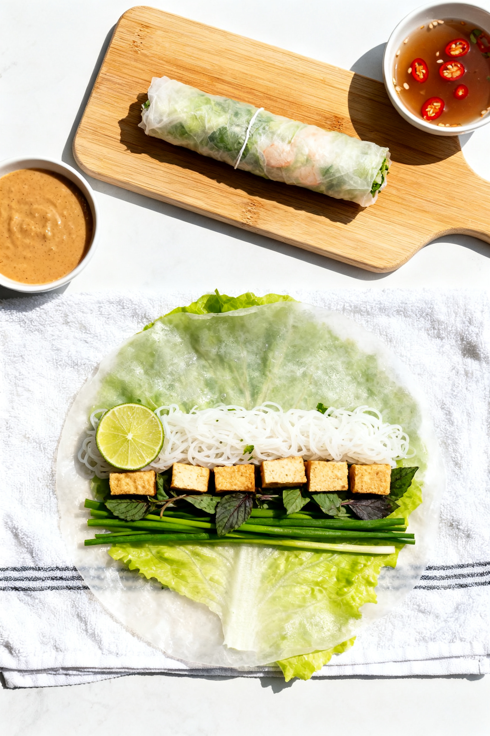Cooking process: Overhead shot of a tidy rolling station mid-assembly—one softened rice paper on a