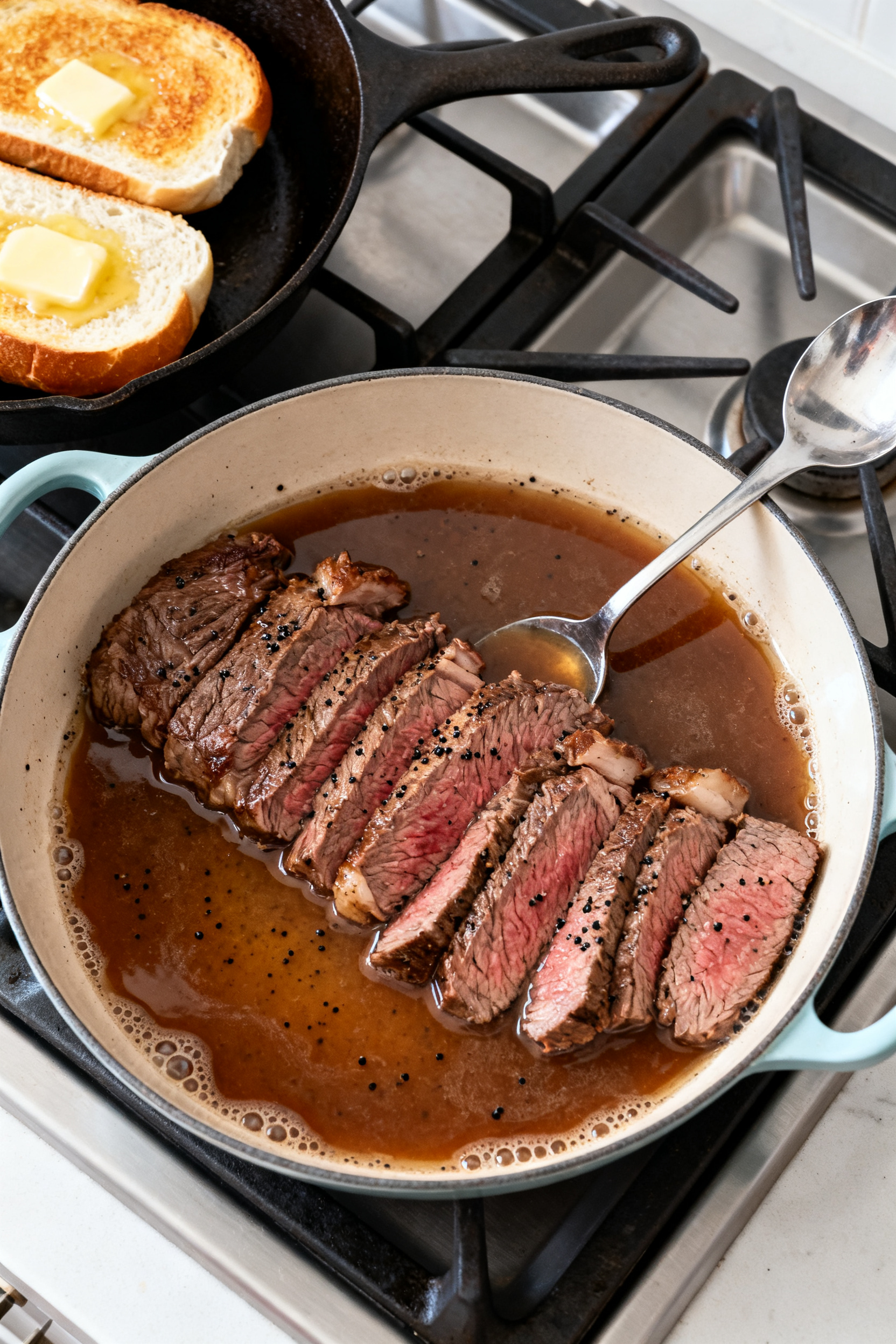 Leftover Roast Beef — Easy 10-Minute French Dip Sandwiches Cooking process: Overhead shot of sliced roast beef warming gently in a shallow saucepan of simmerin