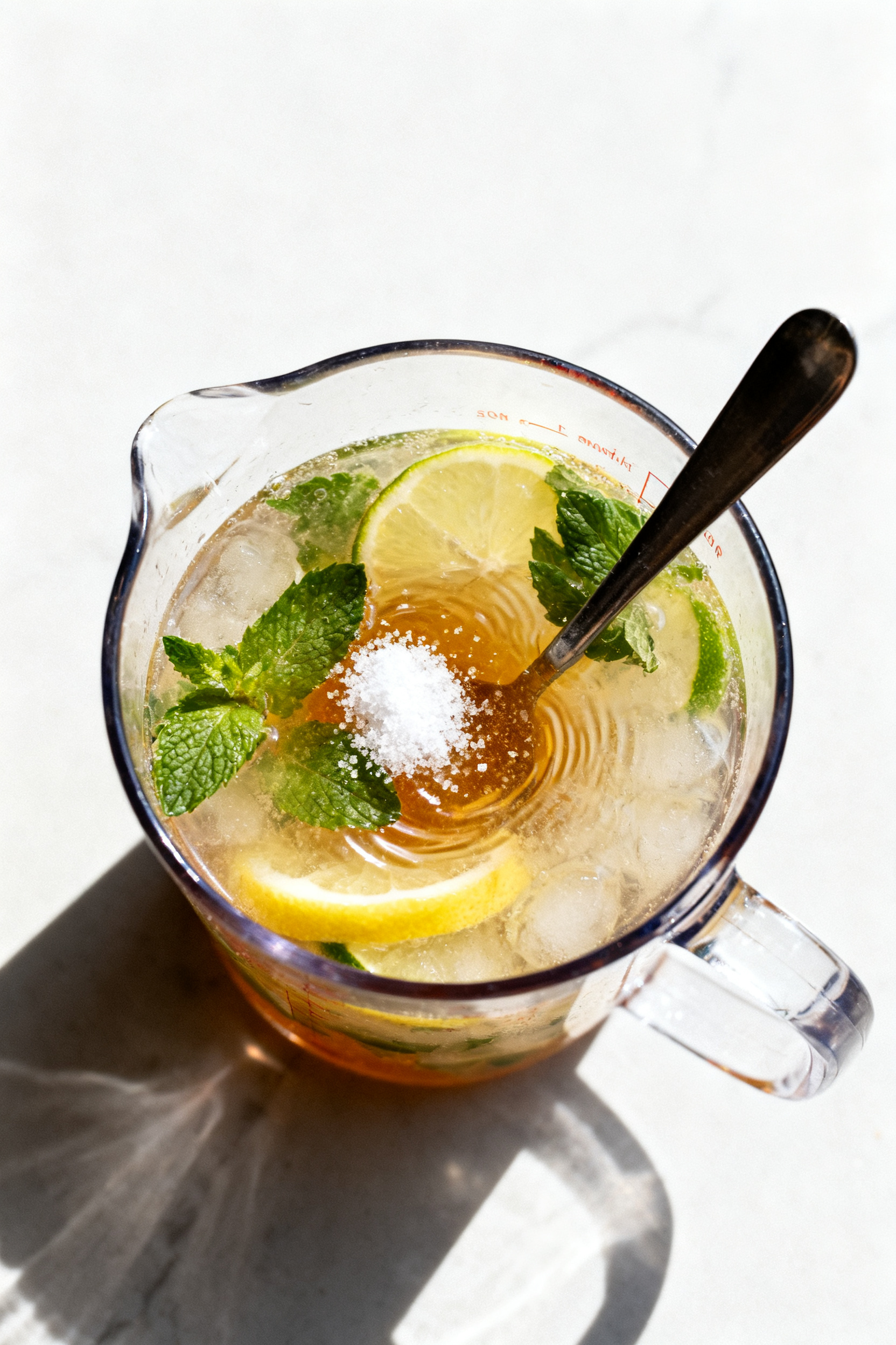 Cooking process: Overhead shot of the citrus-mint base being stirred in a clear mixing jug—mint ge