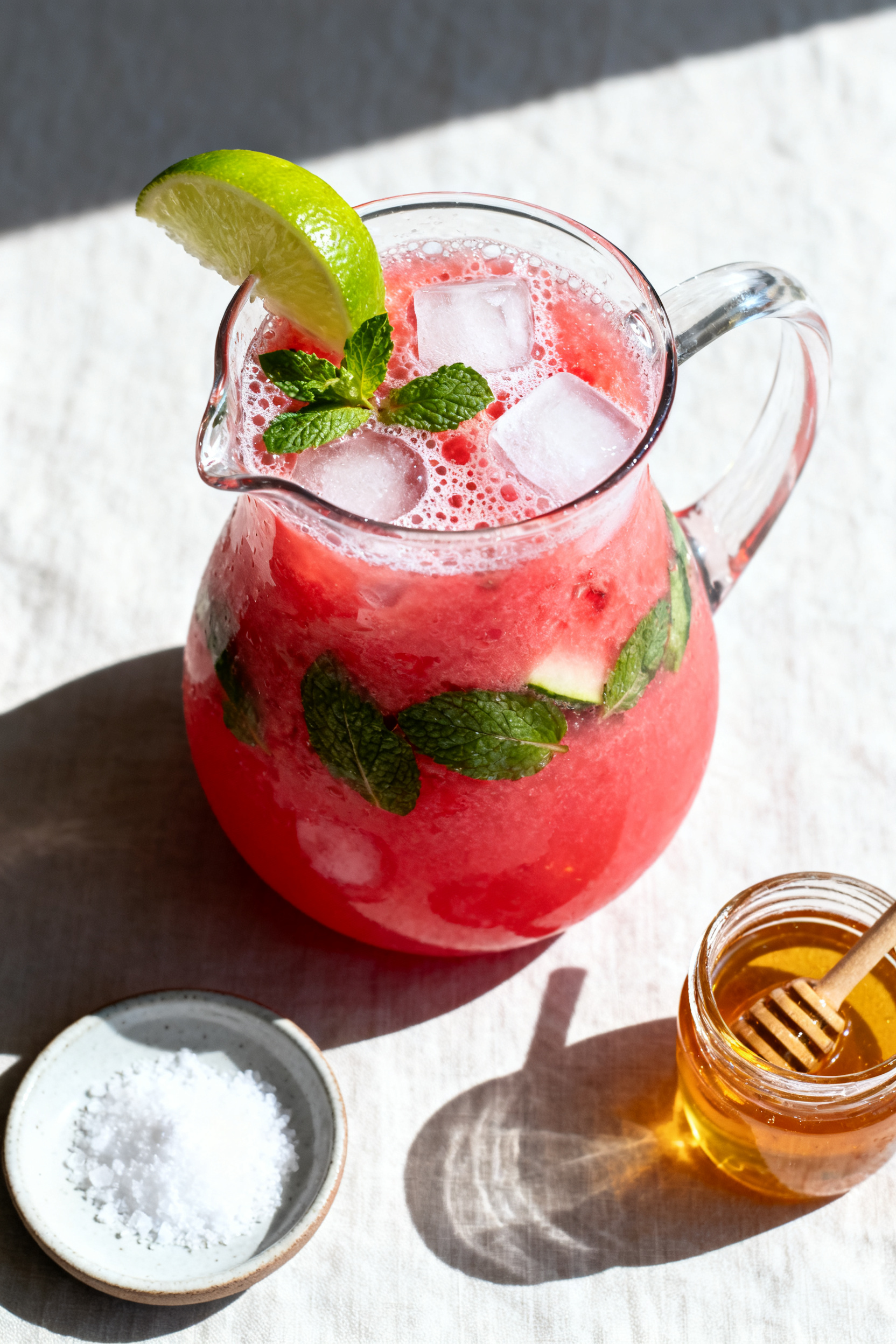 Summer Drinks — Refreshing Summer Drinks Everyone Needs - Easy, Bright, and Cooling Sips Cooking process: Overhead shot of the watermelon mint cooler being finished in a pitcher—vivid pin
