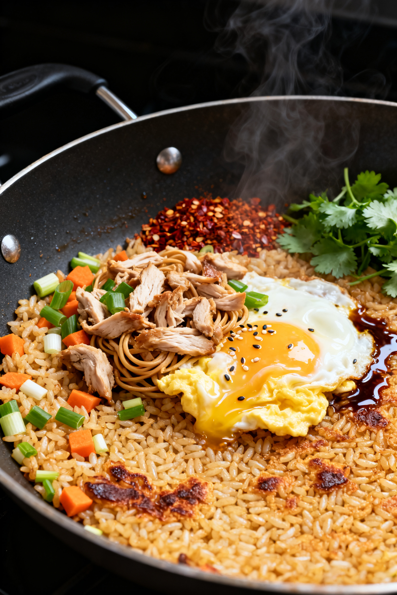Leftover Recipes — Day 2 Hits Different Every Time - Simple, Practical Ways to Love Your Leftovers Cooking process — Pan-fried rice remix: Close-up of sizzling leftover fried rice in a wide skillet