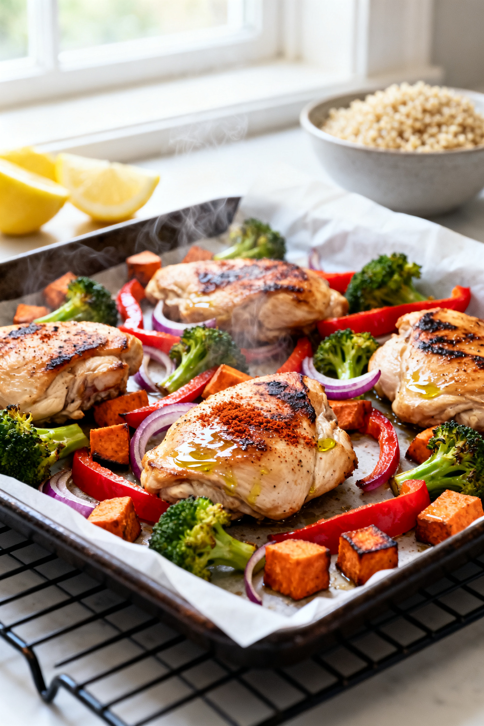 Leftover Meal Prep Ideas — Stretch One Meal Into Three - Smart, Tasty Ways to Save Time and Money Cooking process — Roasted chicken and vegetables coming out of the oven: A hot sheet pan just pull