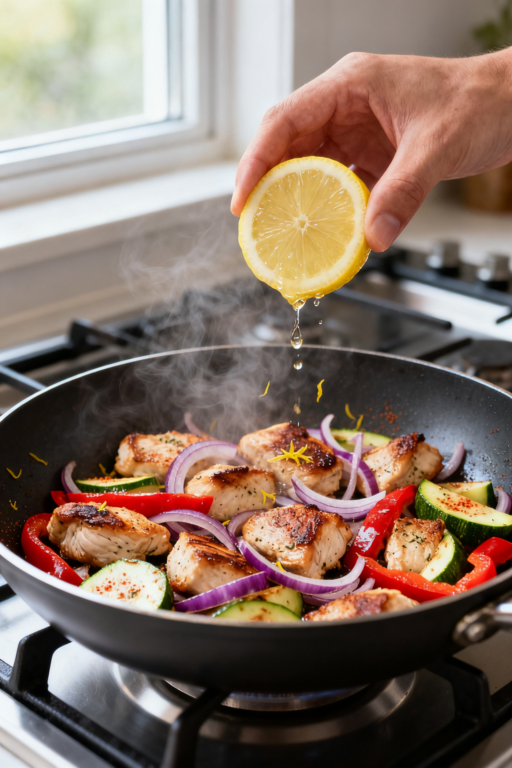 Cooking process — Sautéed chicken and veggies in one skillet: Medium-high heat scene of bite-size