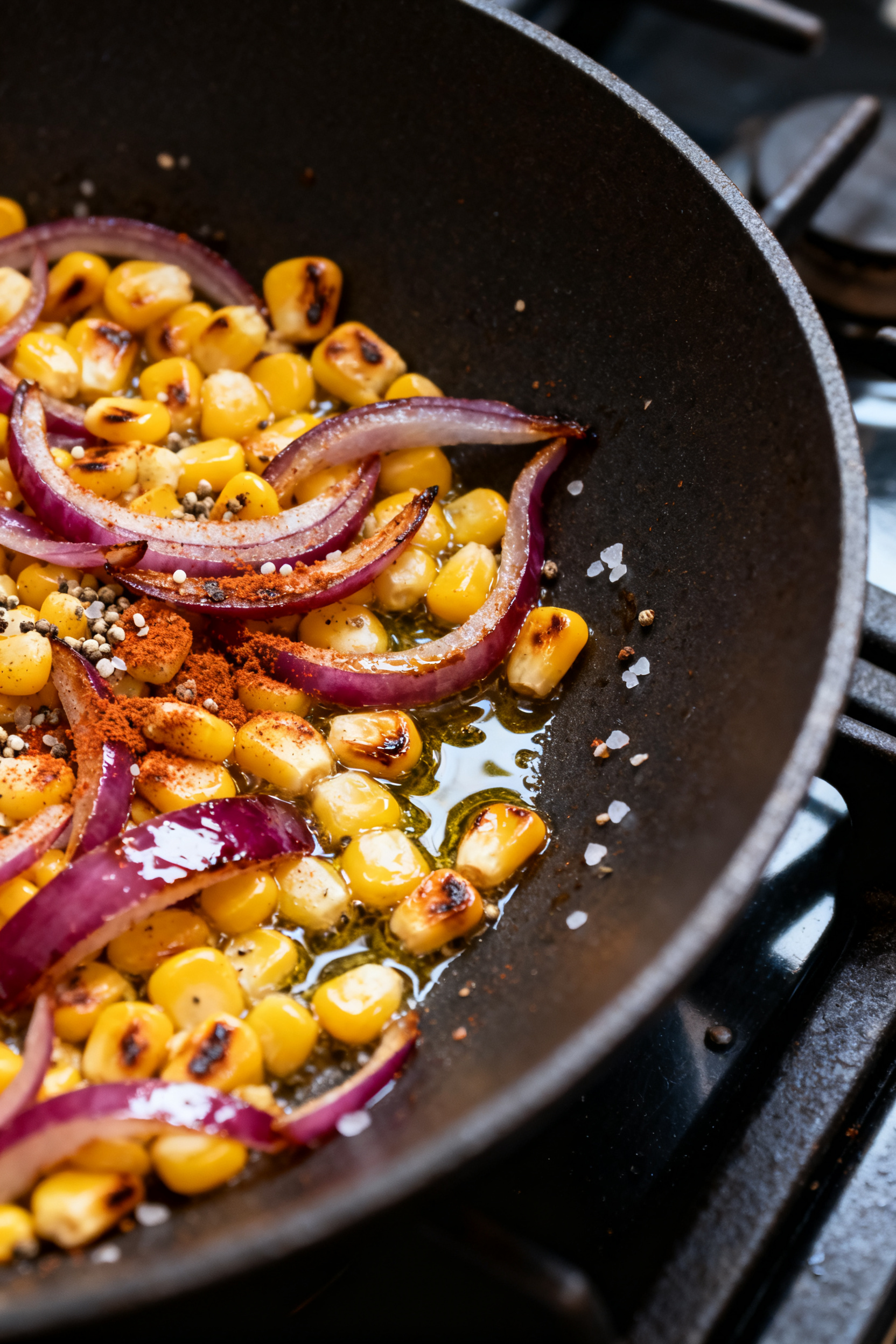 Cooking process — Sautéed onions and corn in action: Close-up of a skillet over medium-high heat 