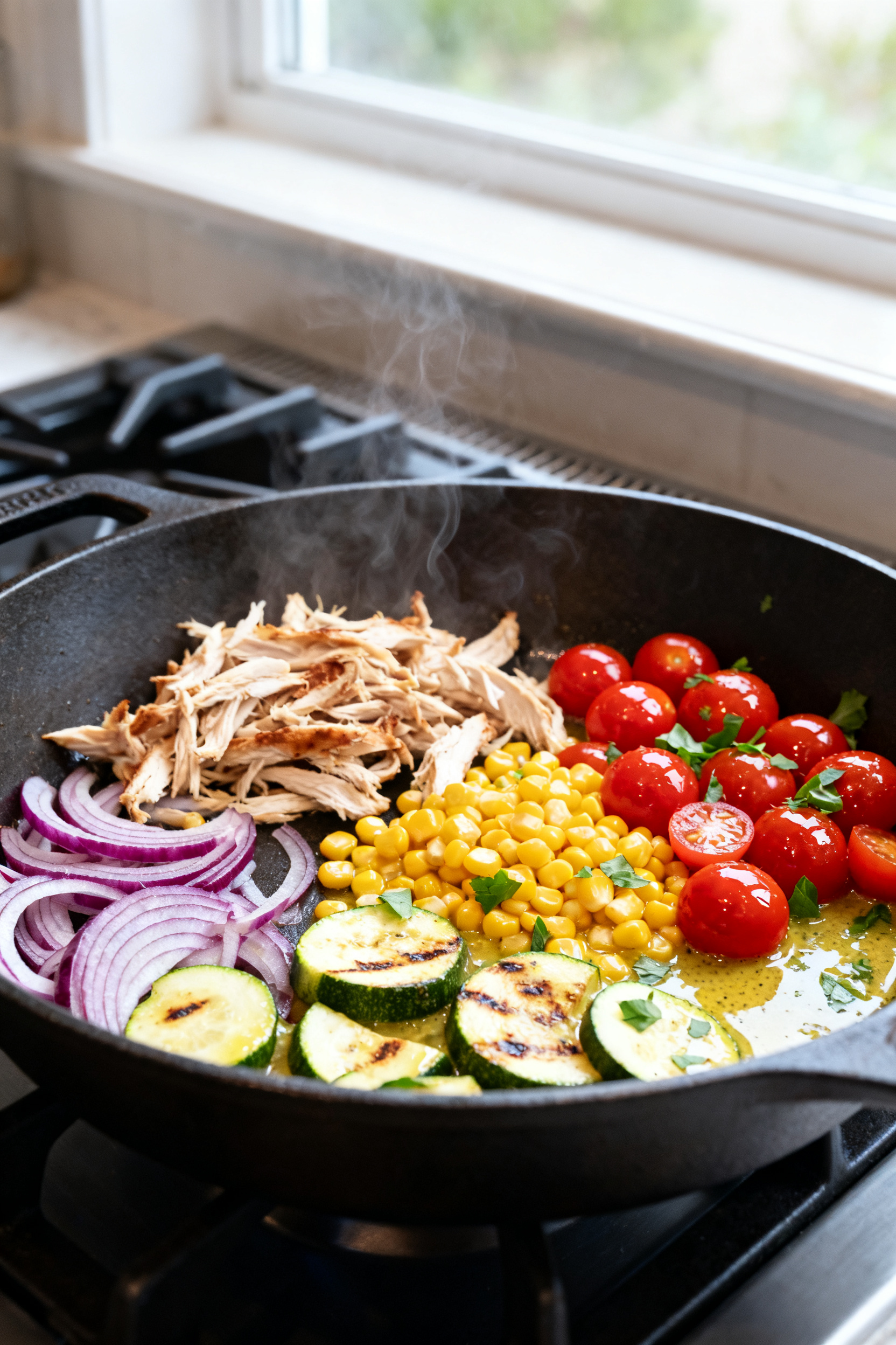 Cooking process — Sautéed summer veg and warmed chicken in one pan: Close-up of a large skillet o