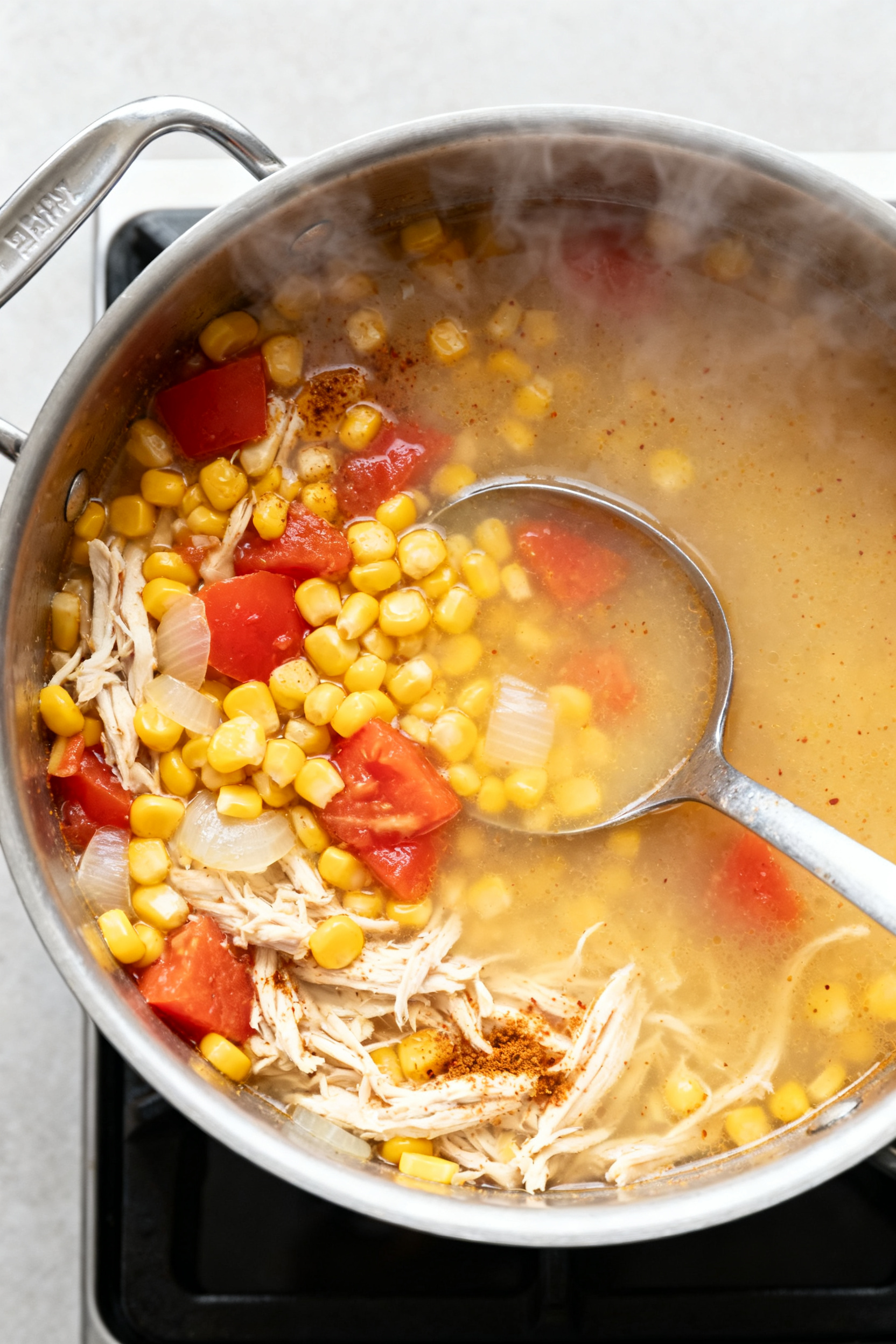 Cooking process scene for zesty chicken, corn, and tomato soup: simmering pot captured at a slight a